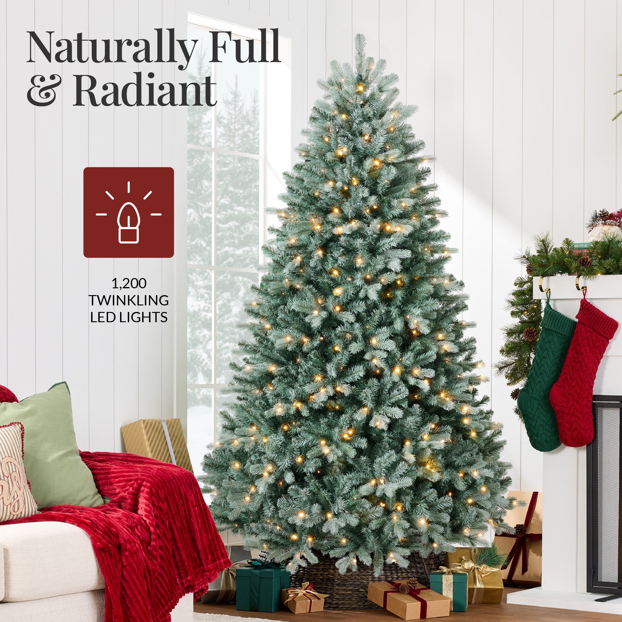 Pre-Lit Artificial Blue Spruce Christmas Tree with Twinkling 2-in-1 LEDs for indoor and outdoor holiday displays