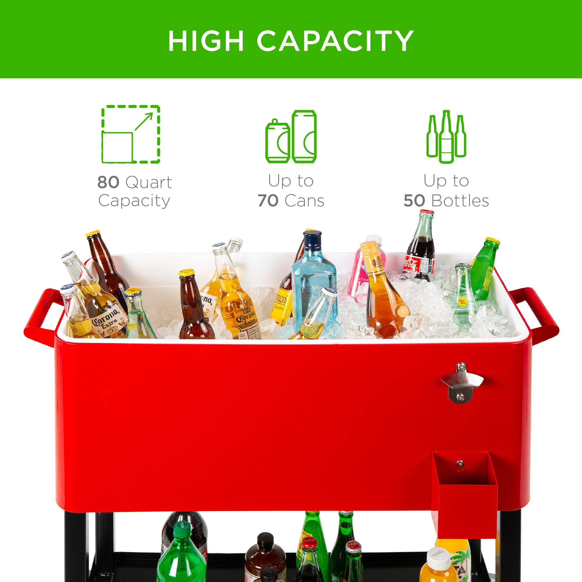 Portable Rolling Cooler Cart with Bottle Opener Catch Tray - 80qt with practical style for home spaces