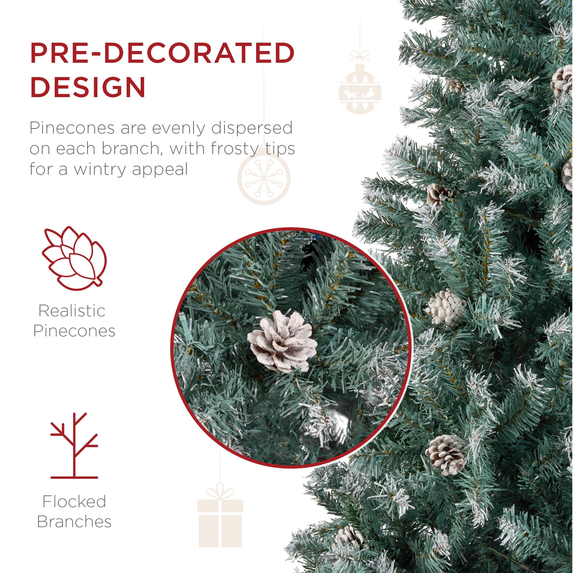 Pre-Decorated Christmas Tree with Pinecones Flocked Branch Tips for festive seasonal decorating