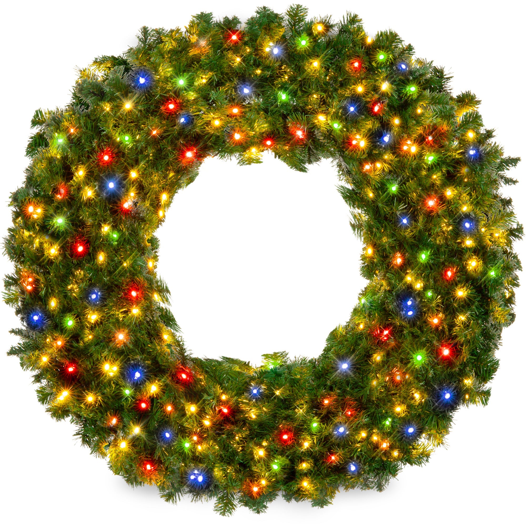 Pre-Lit Artificial Fir Christmas Wreath with Multicolor LED Lights PVC Tips for festive seasonal decorating