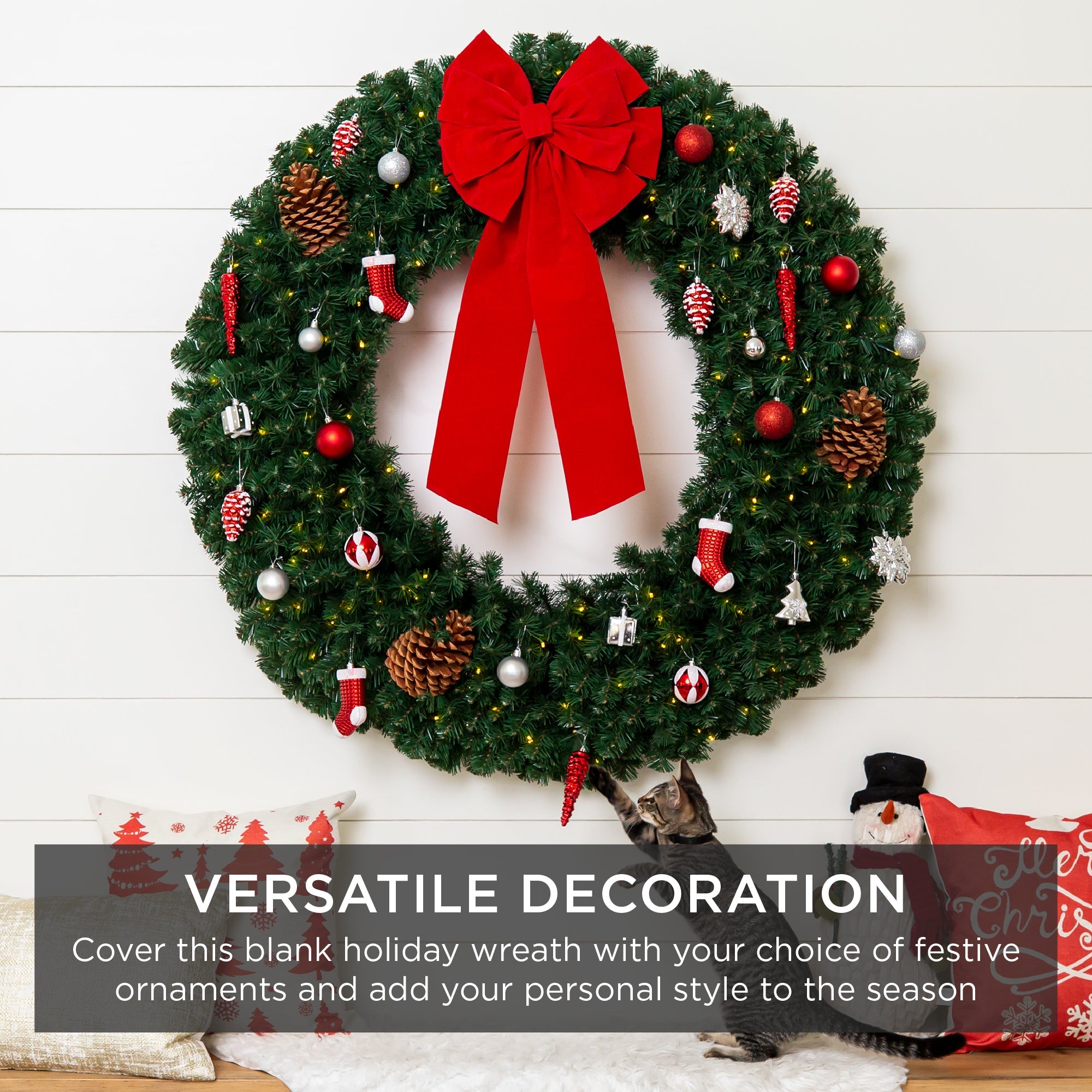 Pre-Lit Artificial Fir Christmas Wreath with Multicolor LED Lights PVC Tips for festive seasonal decorating