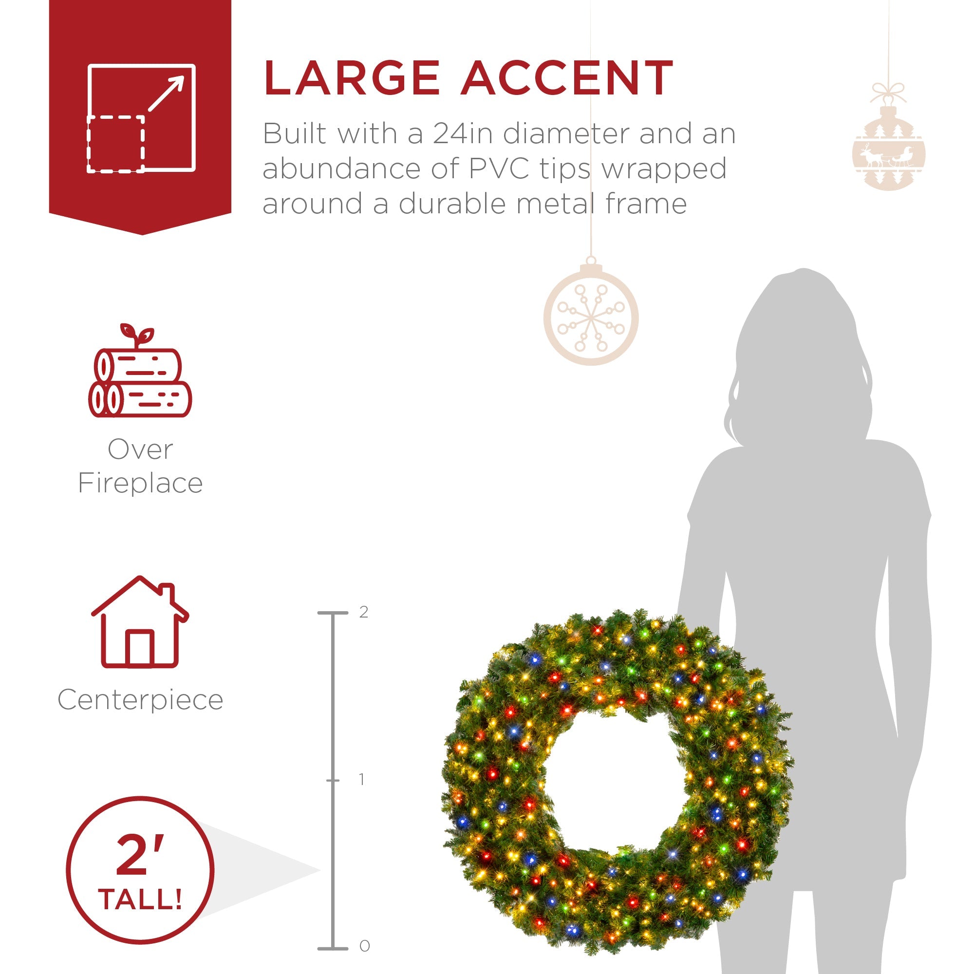 Pre-Lit Artificial Fir Christmas Wreath with Multicolor LED Lights PVC Tips for festive seasonal decorating