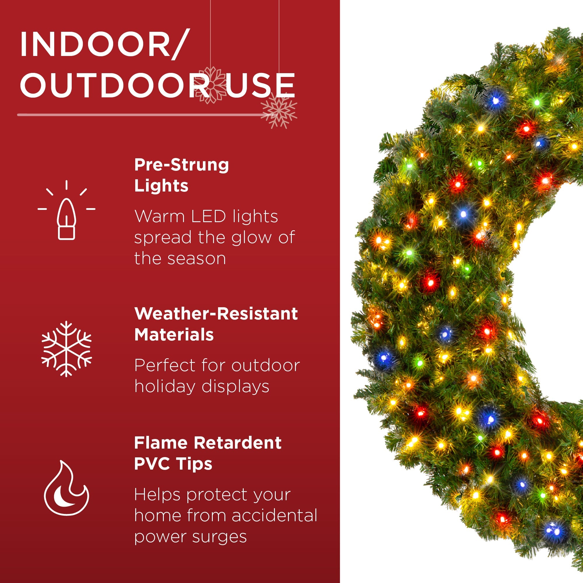Pre-Lit Artificial Fir Christmas Wreath with Multicolor LED Lights PVC Tips for festive seasonal decorating