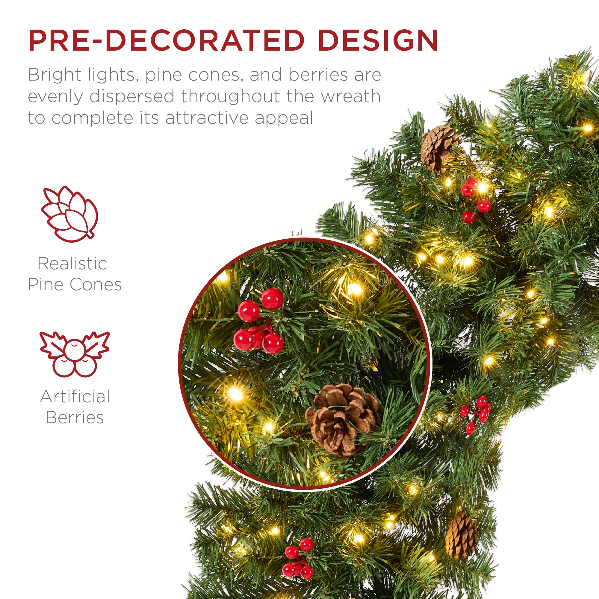 Pre-Lit Artificial Christmas Wreath with Berries and Pinecones Lights for festive seasonal decorating