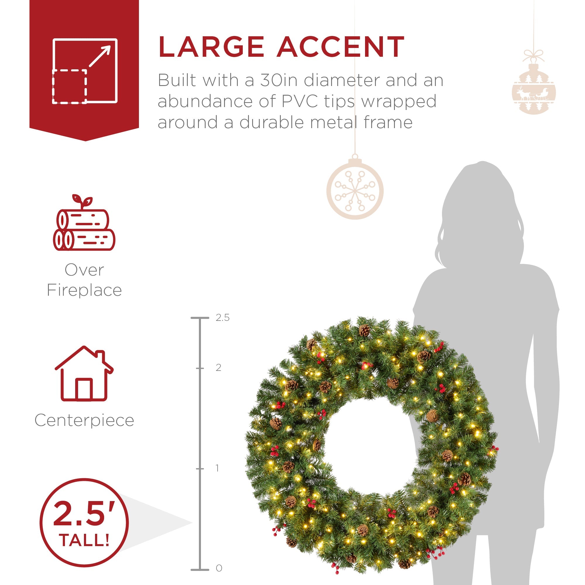Pre-Lit Artificial Christmas Wreath with Berries and Pinecones Lights for festive seasonal decorating