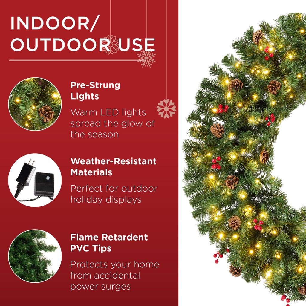 Pre-Lit Artificial Christmas Wreath with Berries and Pinecones Lights for festive seasonal decorating