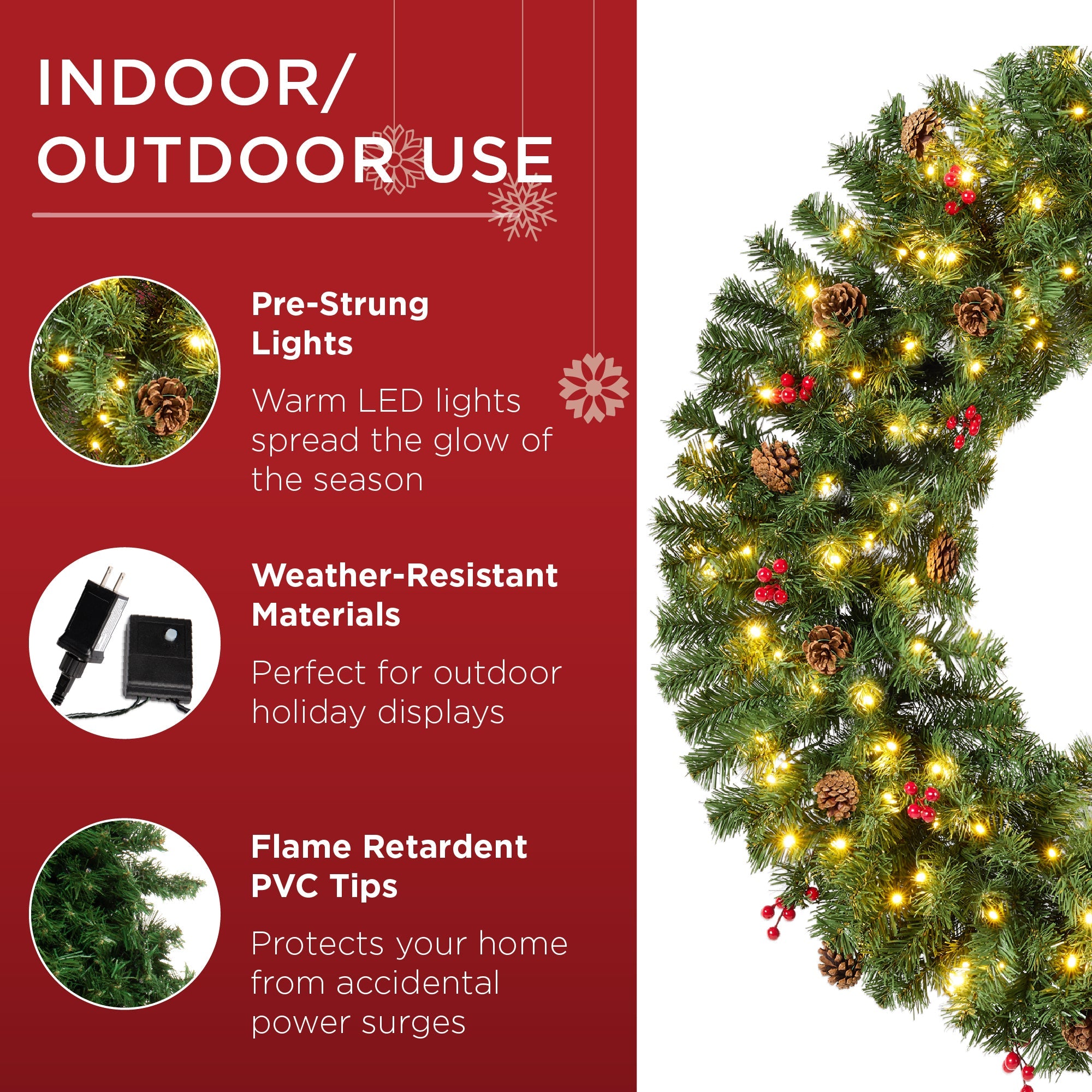 Pre-Lit Artificial Christmas Wreath with Berries and Pinecones Lights for festive seasonal decorating