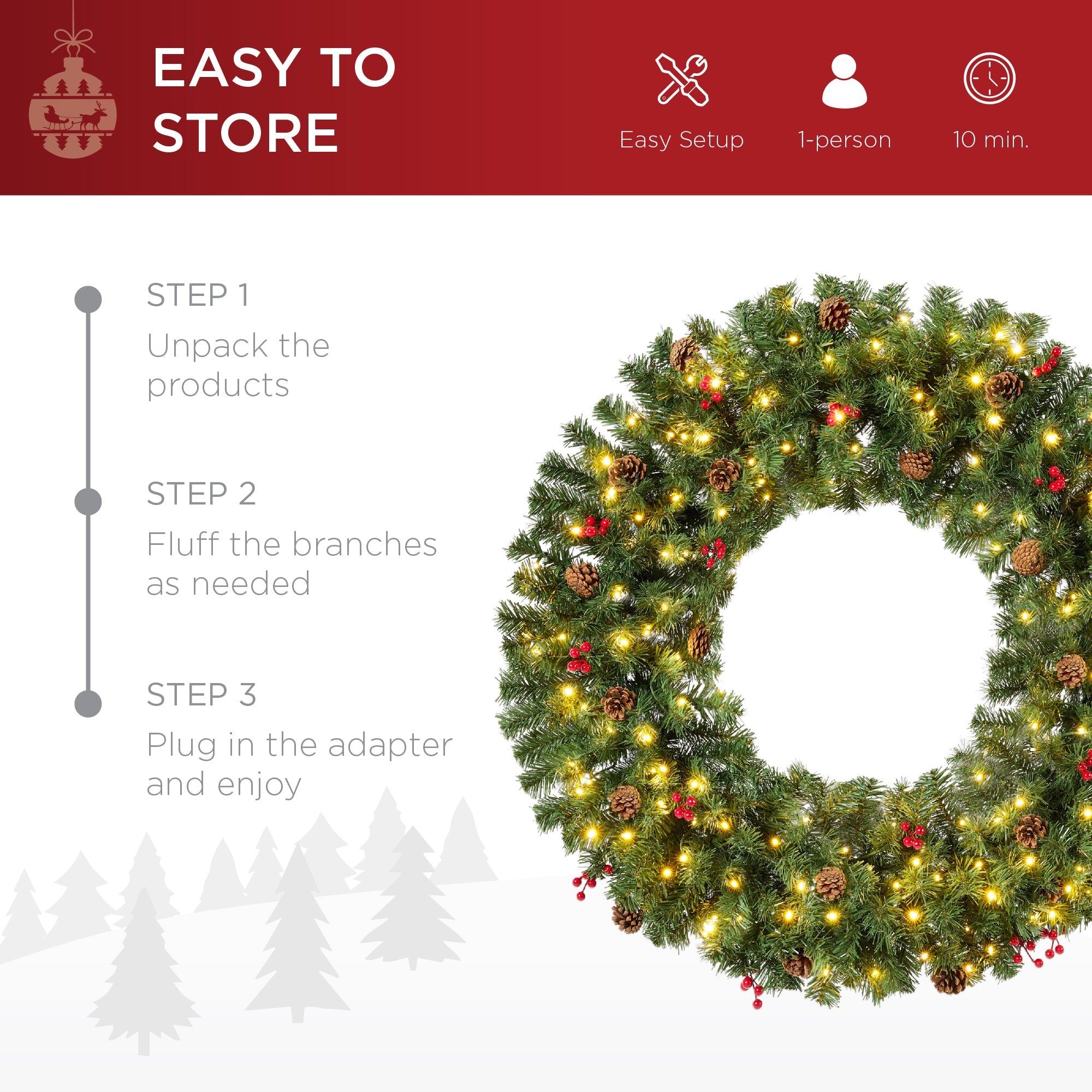 Pre-Lit Artificial Christmas Wreath with Berries and Pinecones Lights for festive seasonal decorating