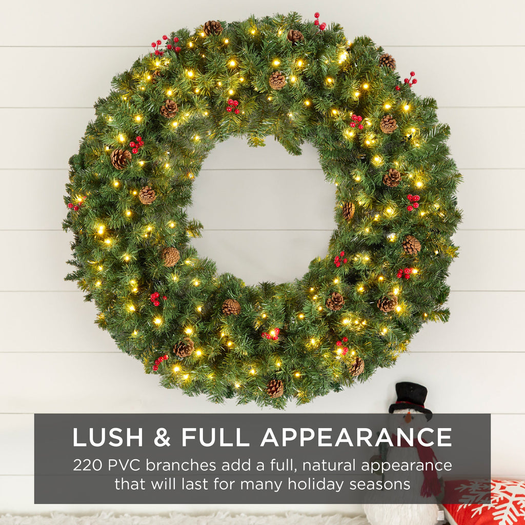 Pre-Lit Artificial Christmas Wreath with Berries and Pinecones Lights for festive seasonal decorating