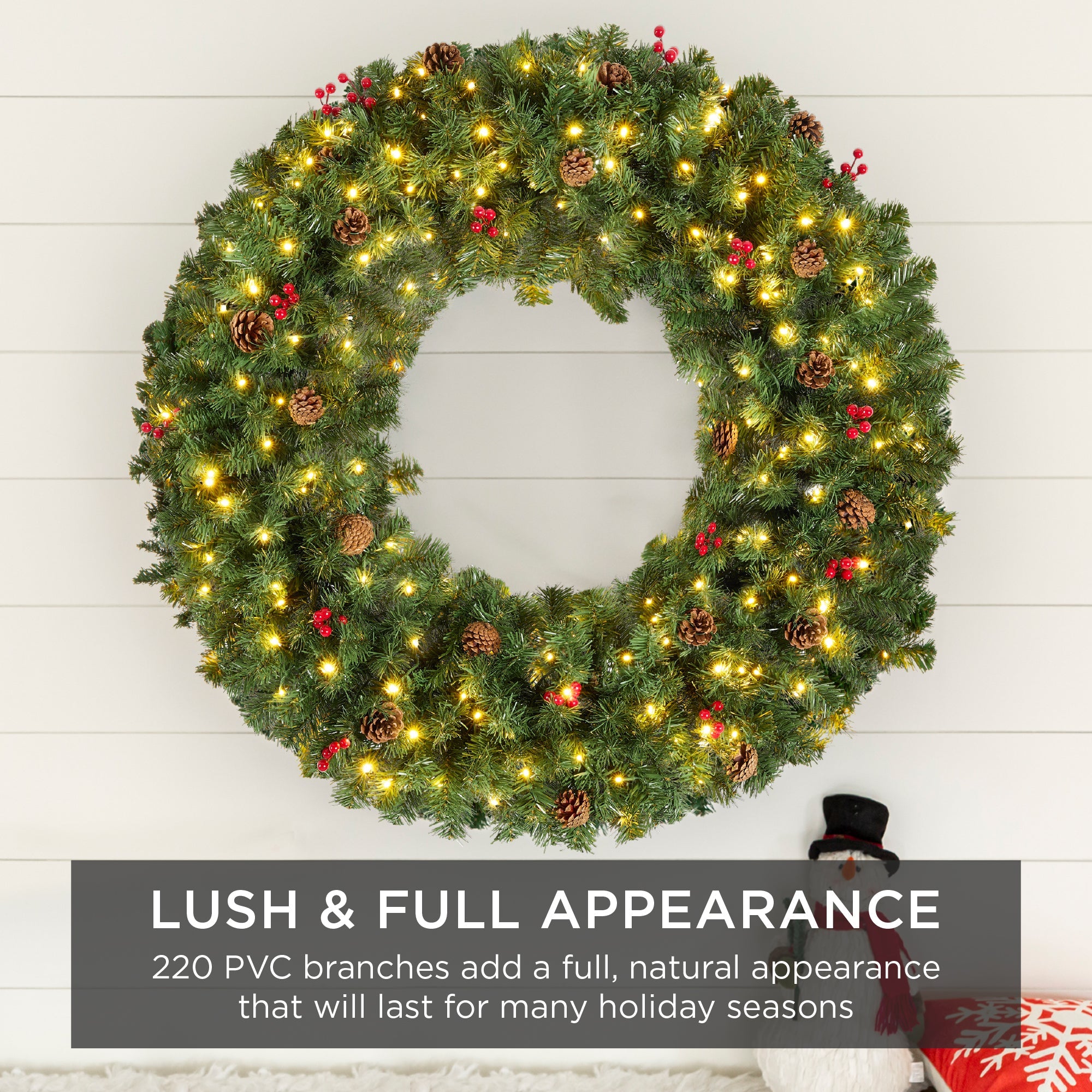 Pre-Lit Artificial Christmas Wreath with Berries and Pinecones Lights for festive seasonal decorating