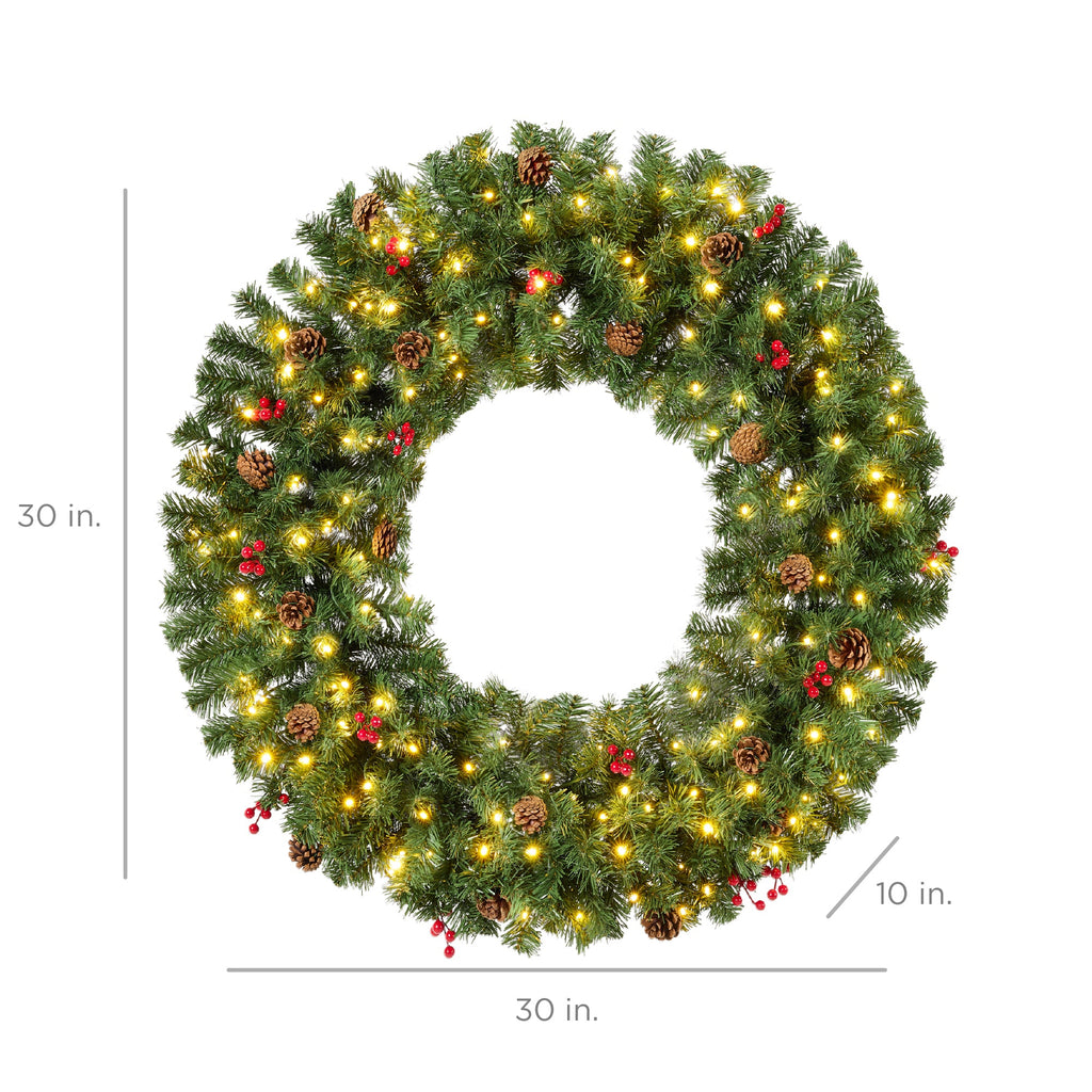 Pre-Lit Artificial Christmas Wreath with Berries and Pinecones Lights for festive seasonal decorating
