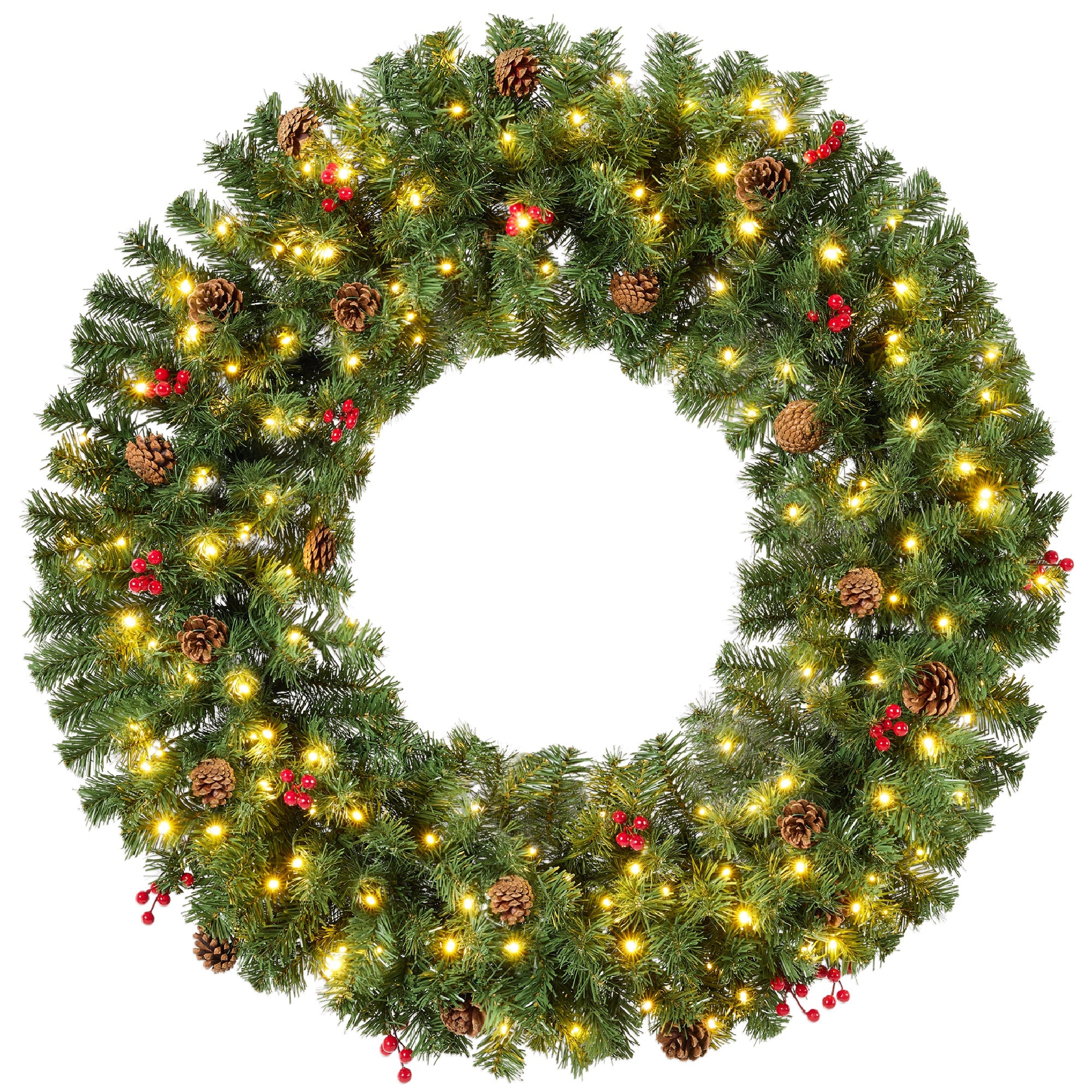 Pre-Lit Artificial Christmas Wreath with Berries and Pinecones Lights for festive seasonal decorating