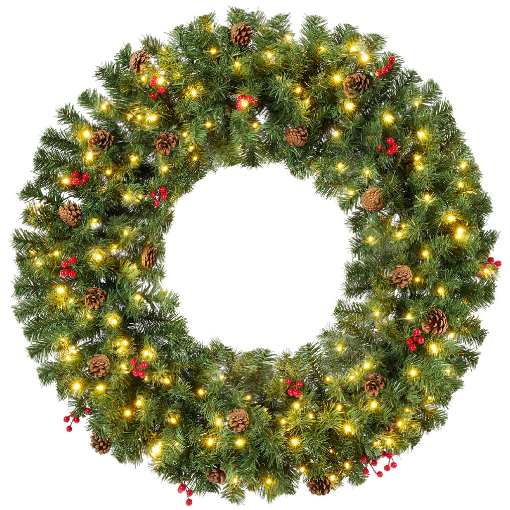 Pre-Lit Artificial Christmas Wreath with Berries and Pinecones Lights for festive seasonal decorating
