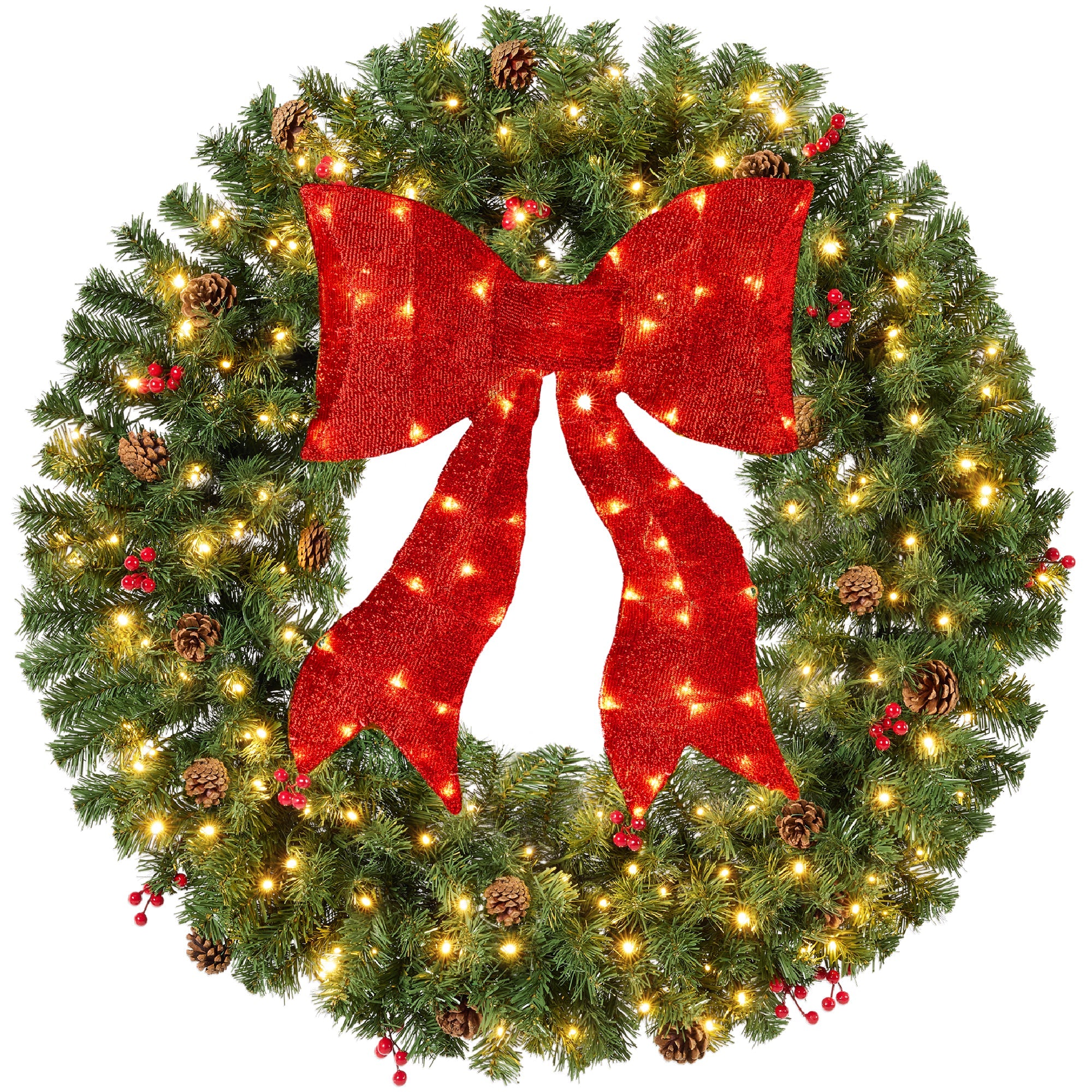 Pre-Lit Artificial Christmas Wreath with Berries and Pinecones Red Bow Lights with eye-catching holiday style