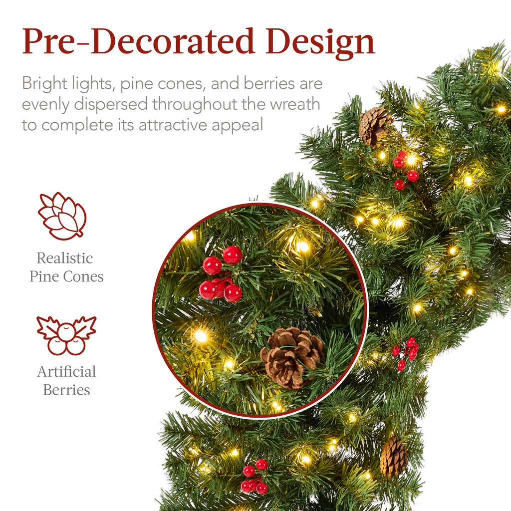 Pre-Lit Artificial Christmas Wreath with Berries and Pinecones Red Bow Lights with eye-catching holiday style