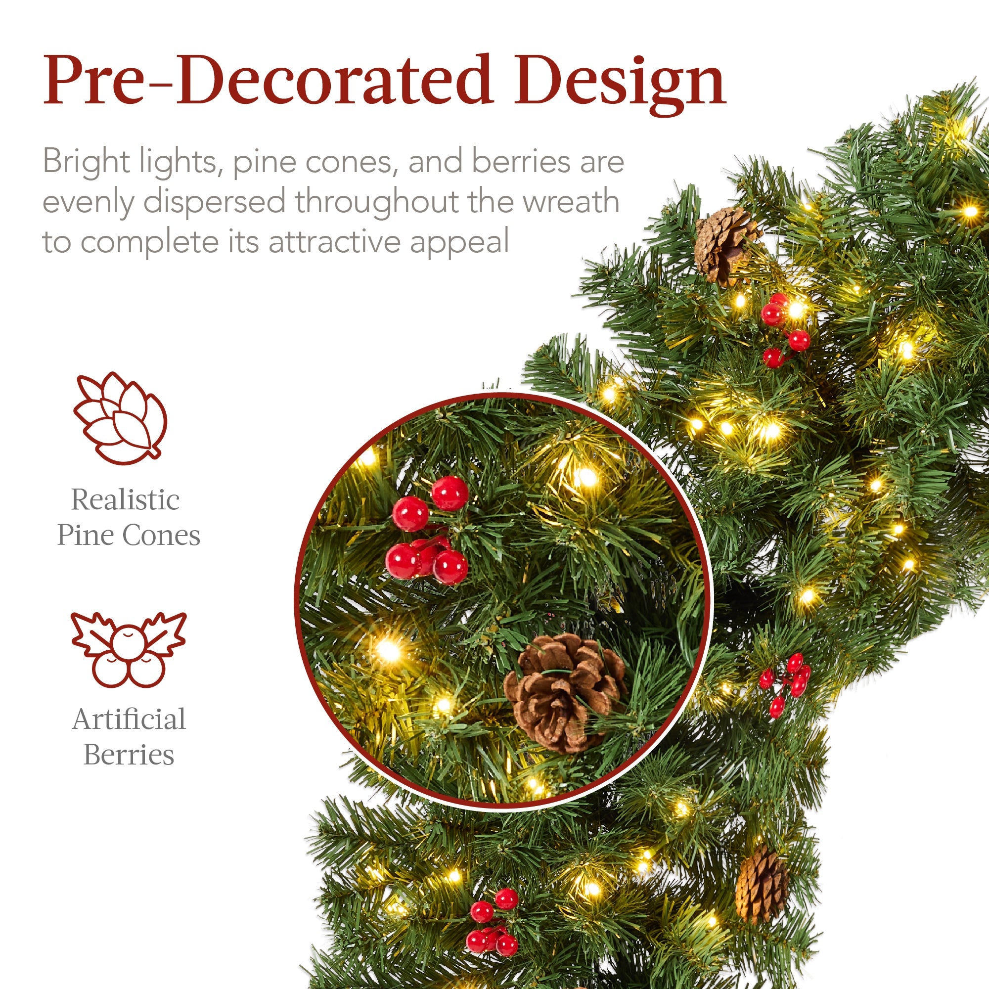 Pre-Lit Artificial Christmas Wreath with Berries and Pinecones Red Bow Lights with eye-catching holiday style