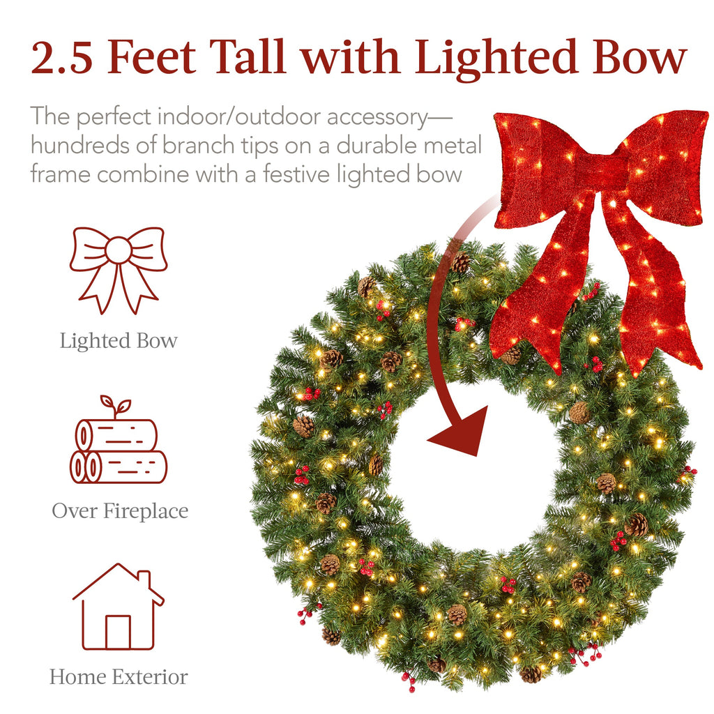 Pre-Lit Artificial Christmas Wreath with Berries and Pinecones Red Bow Lights with eye-catching holiday style