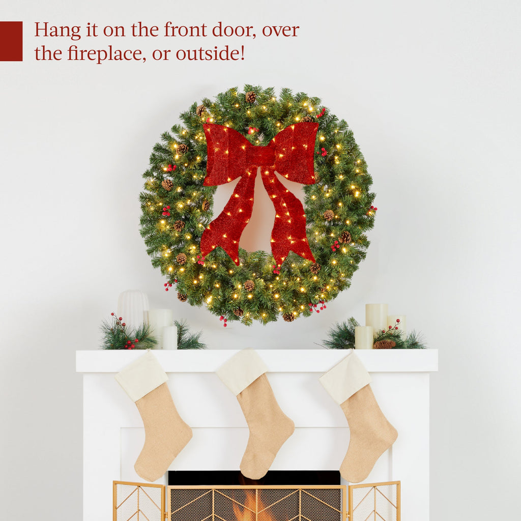 Pre-Lit Artificial Christmas Wreath with Berries and Pinecones Red Bow Lights with eye-catching holiday style