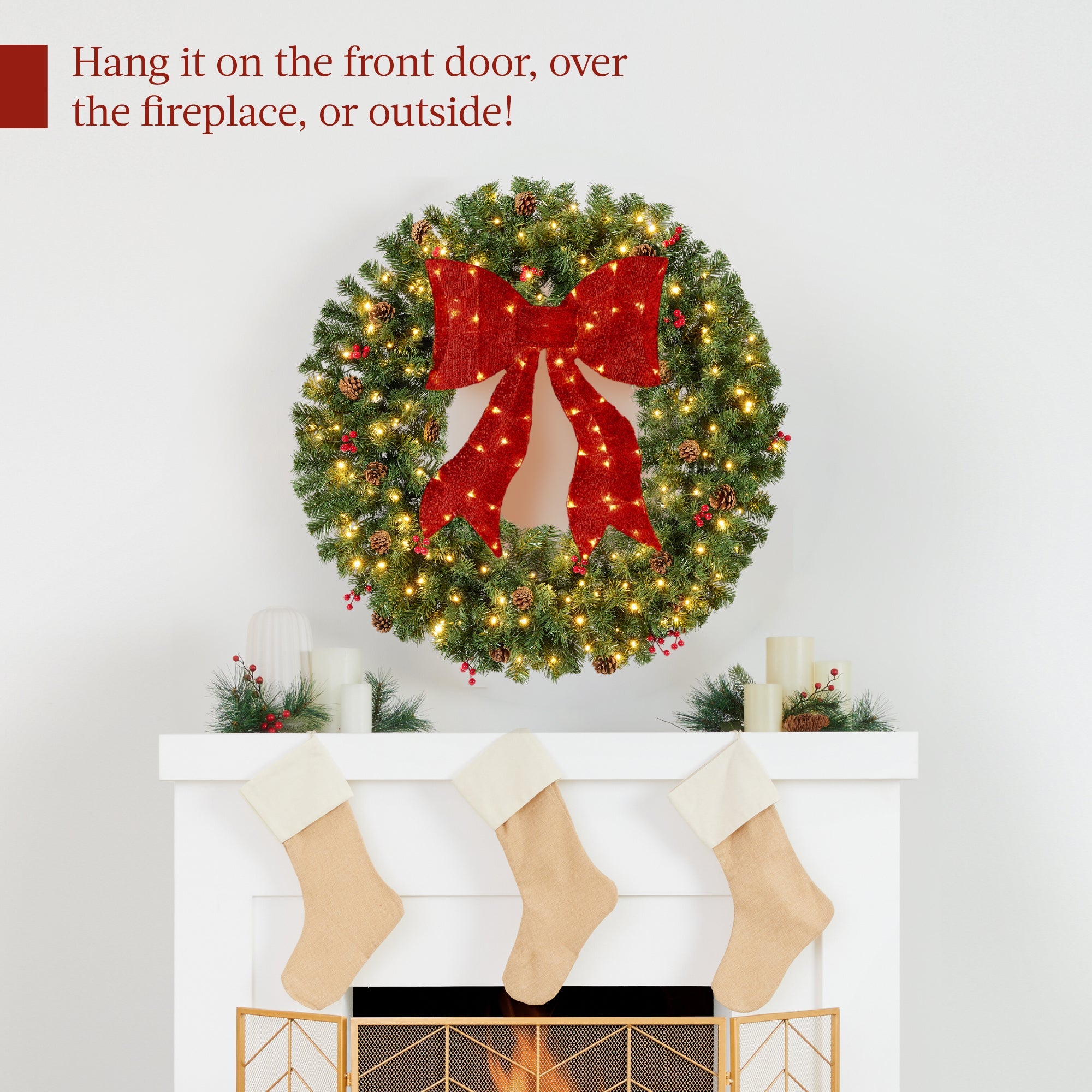 Pre-Lit Artificial Christmas Wreath with Berries and Pinecones Red Bow Lights with eye-catching holiday style