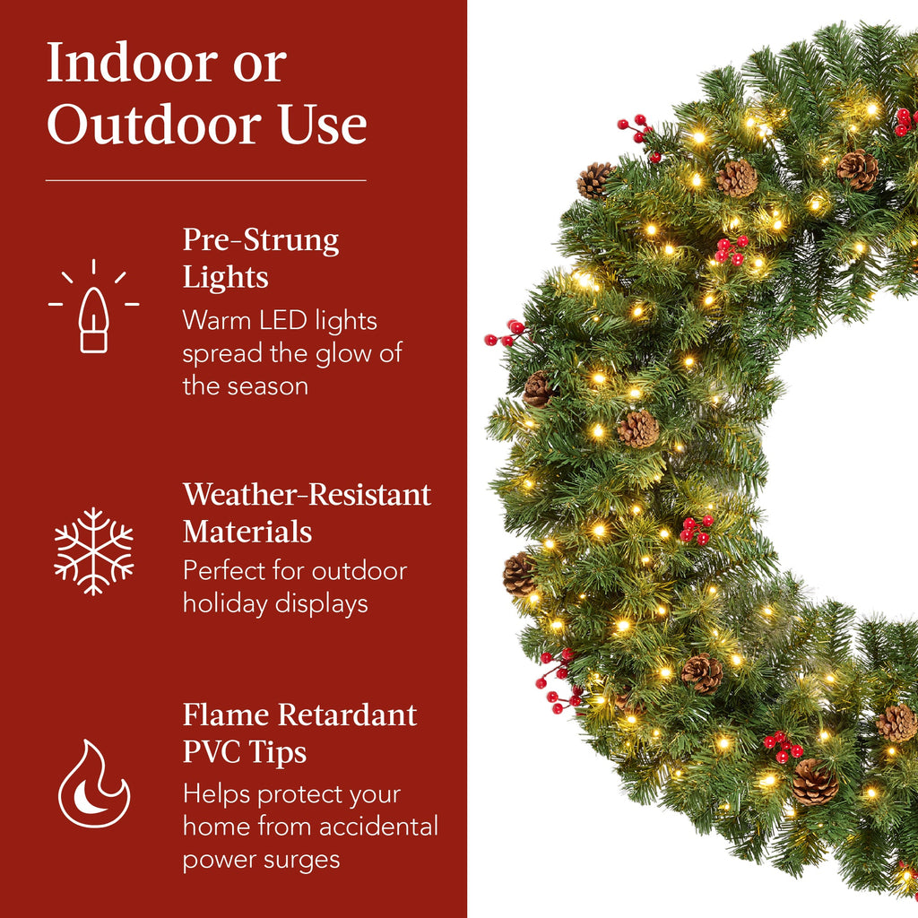 Pre-Lit Artificial Christmas Wreath with Berries and Pinecones Red Bow Lights with eye-catching holiday style