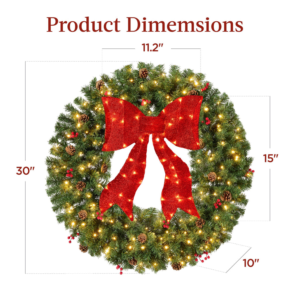 Pre-Lit Artificial Christmas Wreath with Berries and Pinecones Red Bow Lights with eye-catching holiday style