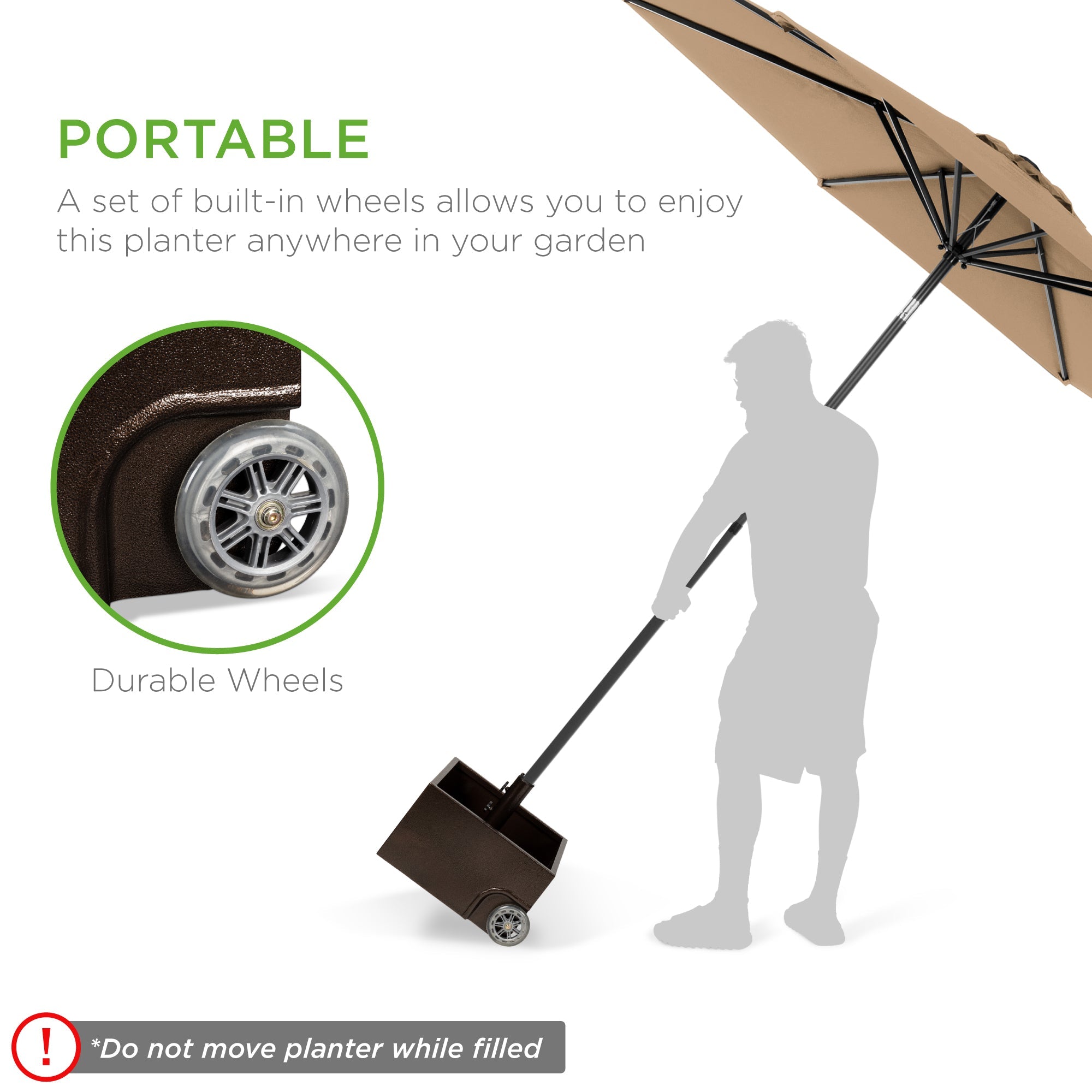 Portable Steel Umbrella Base Stand Up to 150 lbs with Fillable Planter Wheels with practical outdoor-ready details