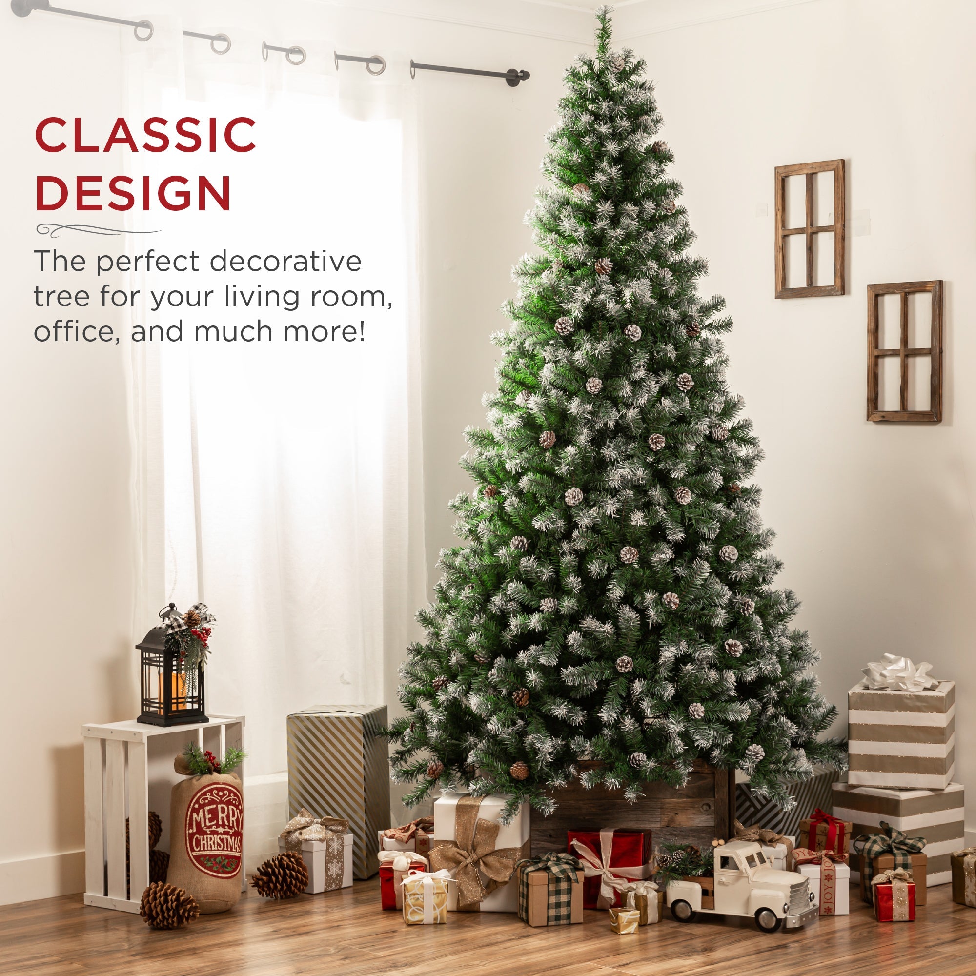 Pre-Decorated Christmas Tree with Pinecones Flocked Branch Tips for indoor and outdoor holiday displays