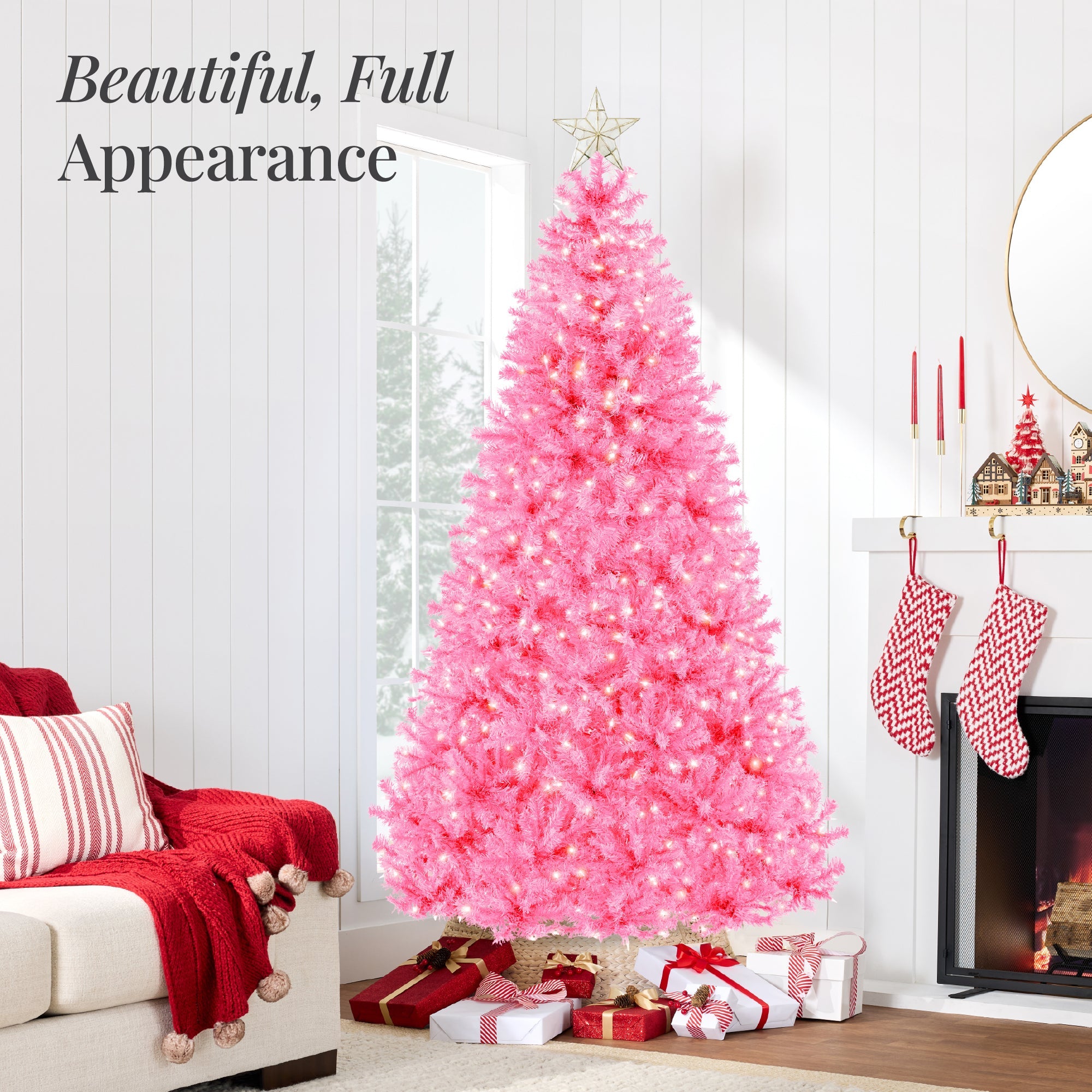 Pre-Lit Artificial Pink Christmas Tree with Incandescent Lights Metal Stand for festive seasonal decorating