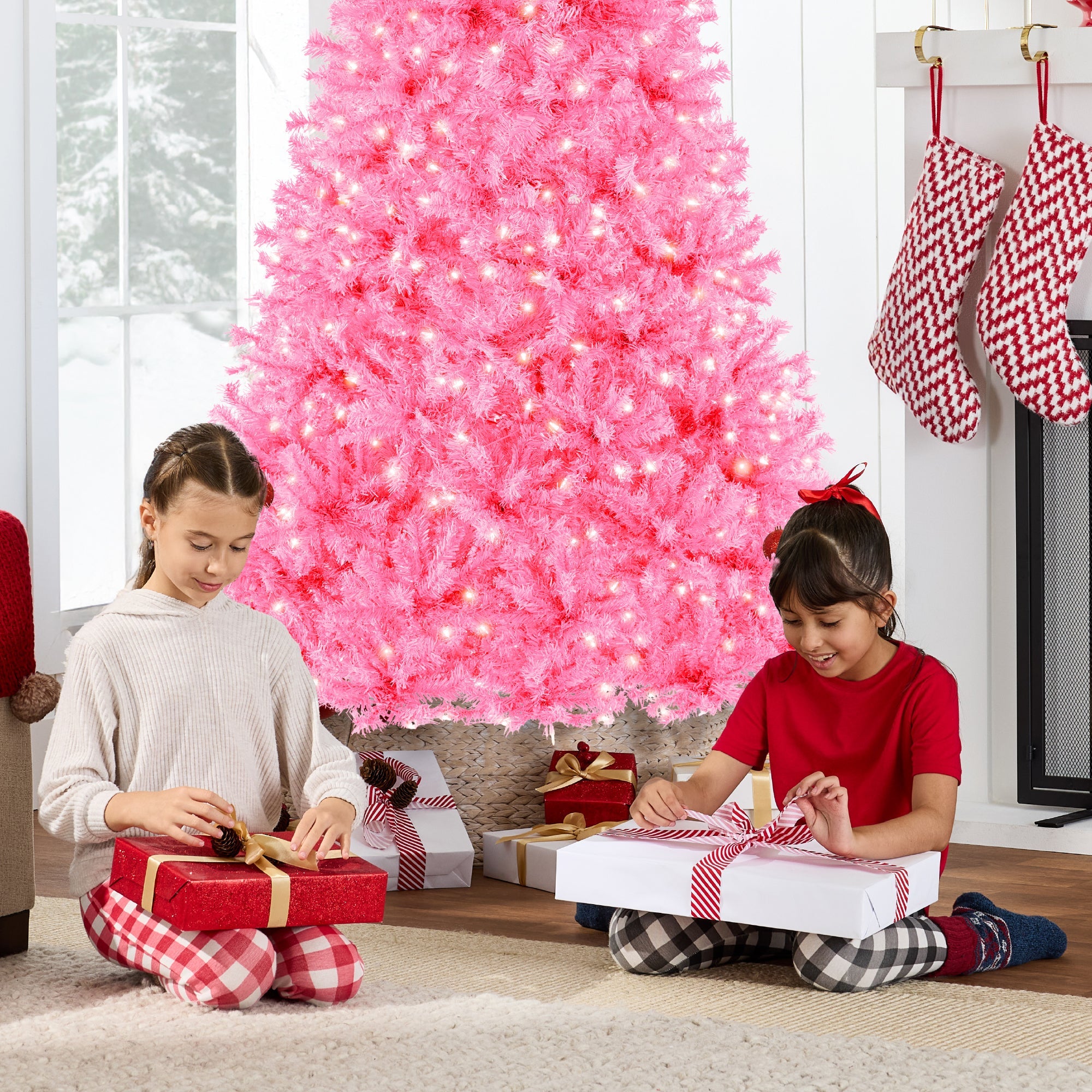 Pre-Lit Artificial Pink Christmas Tree with Incandescent Lights Metal Stand for festive seasonal decorating