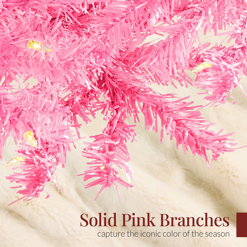 Pre-Lit Artificial Pink Christmas Tree with Incandescent Lights Metal Stand for festive seasonal decorating