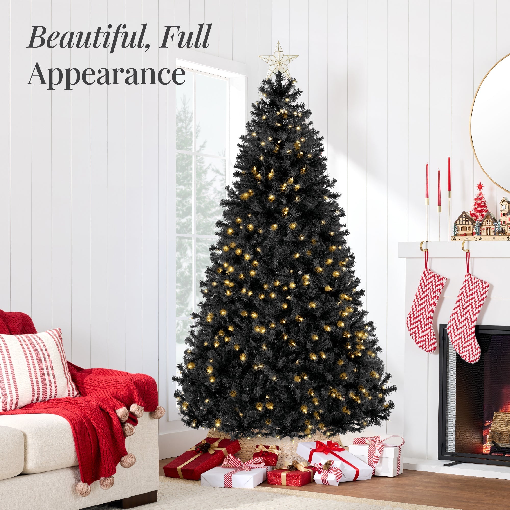Pre-Lit Artificial Black Christmas Tree with Incandescent Lights Metal Stand for festive seasonal decorating