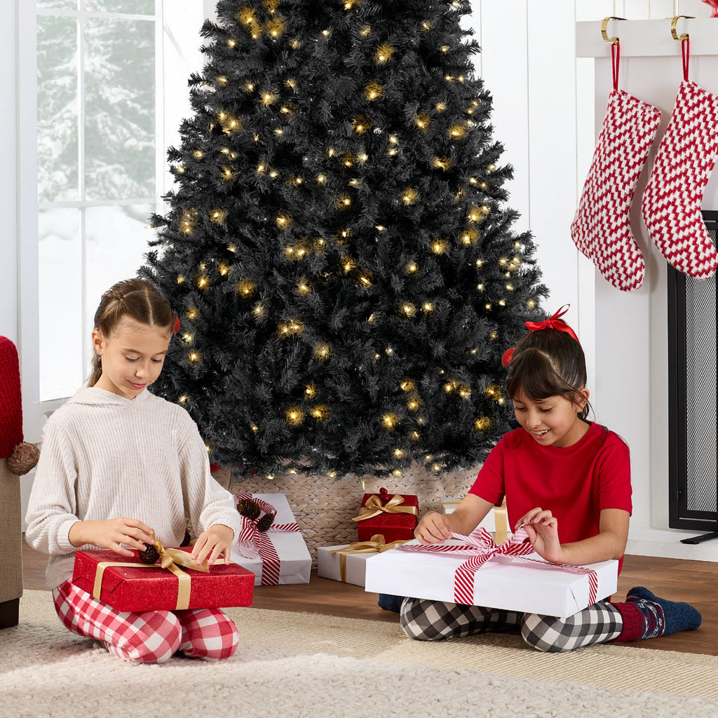 Pre-Lit Artificial Black Christmas Tree with Incandescent Lights Metal Stand for festive seasonal decorating