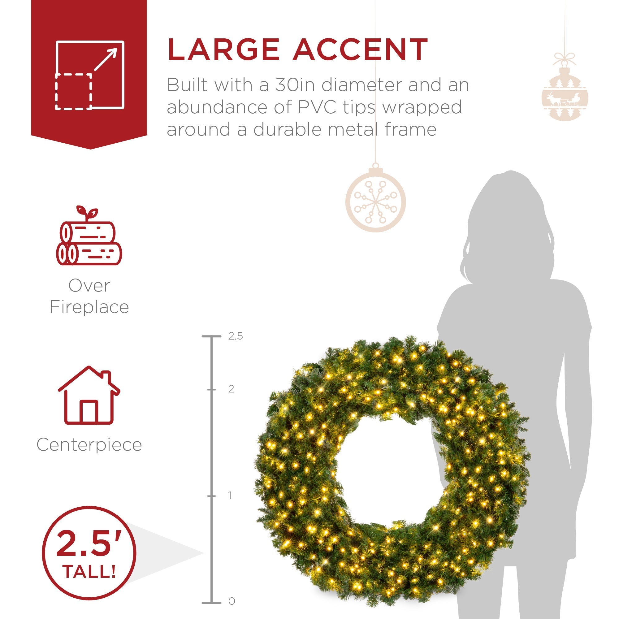 Pre-Lit Artificial Fir Christmas Wreath with LED Lights Plug-In PVC Tips for indoor and outdoor holiday displays