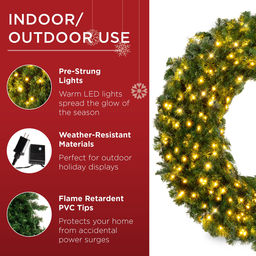 Pre-Lit Artificial Fir Christmas Wreath with LED Lights Plug-In PVC Tips for indoor and outdoor holiday displays
