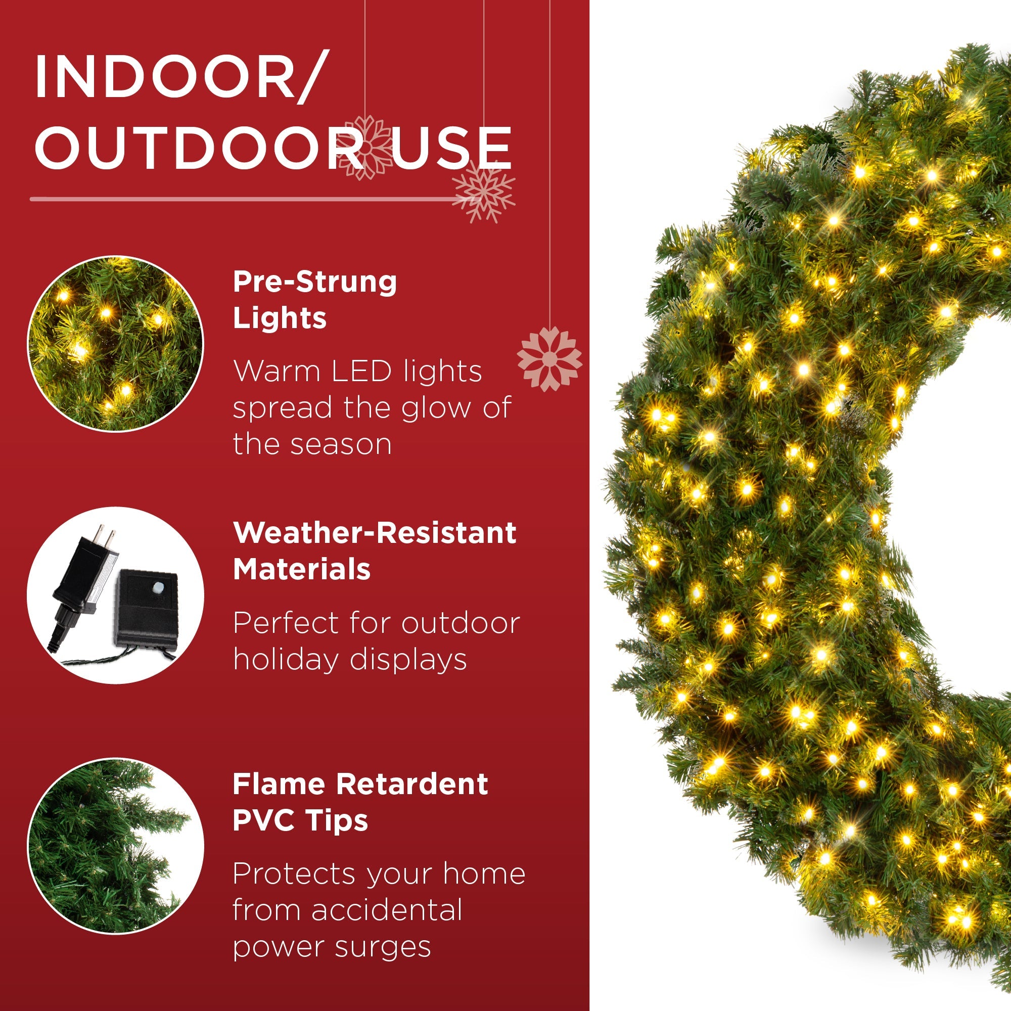 Pre-Lit Artificial Fir Christmas Wreath with LED Lights Plug-In PVC Tips for indoor and outdoor holiday displays