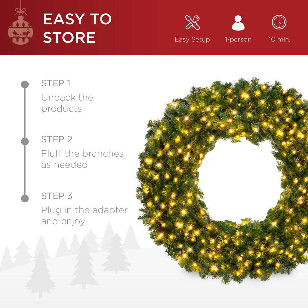 Pre-Lit Artificial Fir Christmas Wreath with LED Lights Plug-In PVC Tips for indoor and outdoor holiday displays