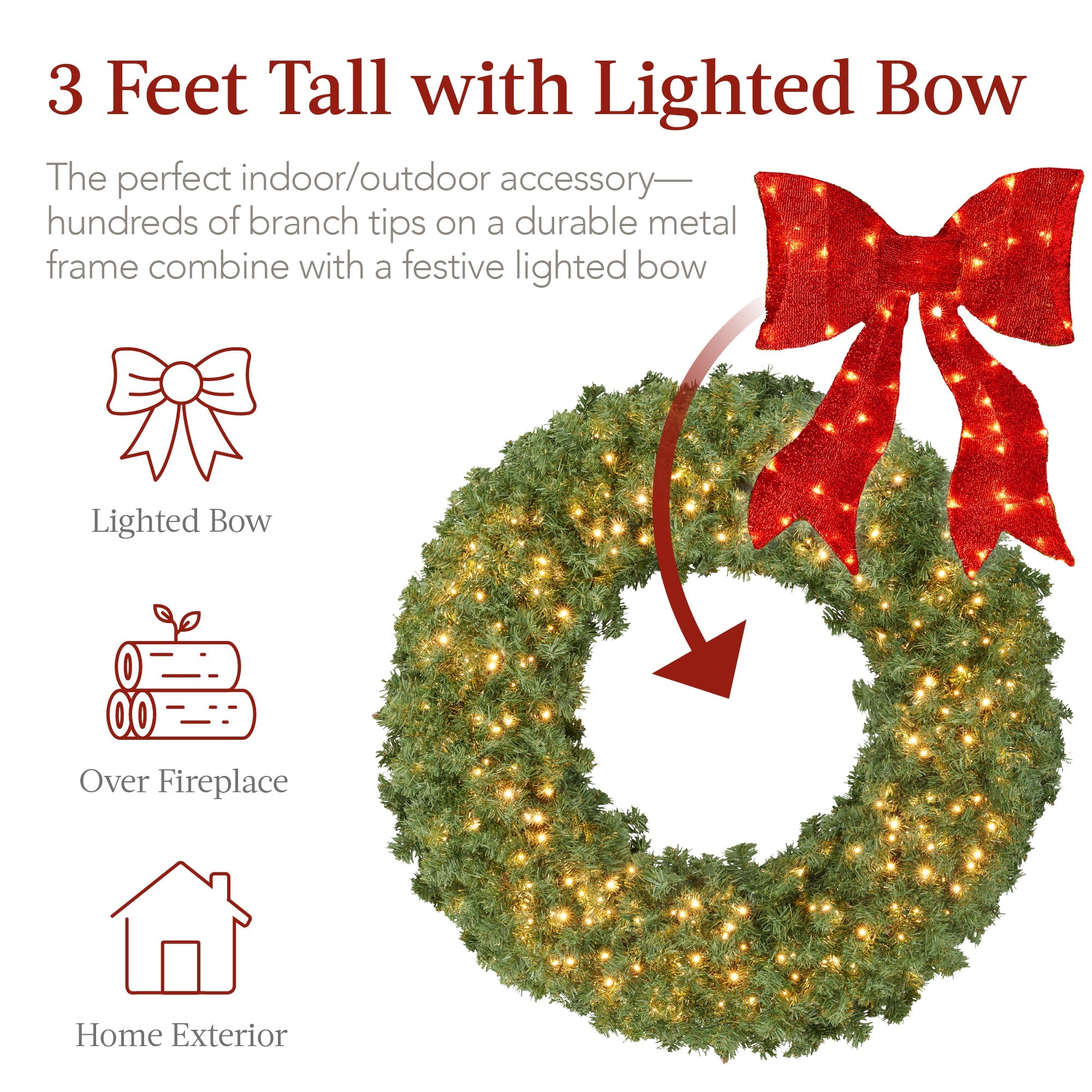 Pre-Lit Artificial Fir Christmas Wreath with Red Bow LED Lights with eye-catching holiday style