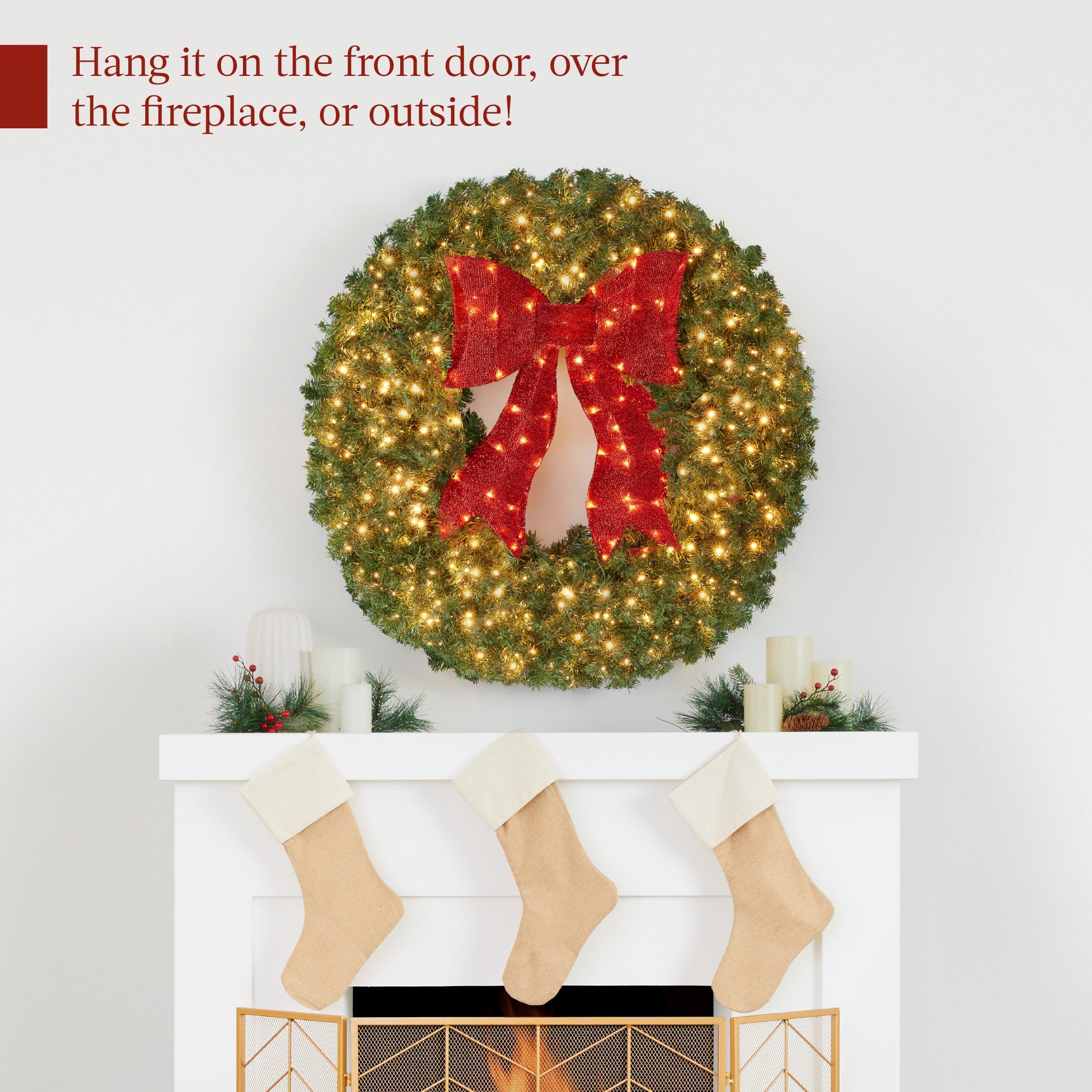 Pre-Lit Artificial Fir Christmas Wreath with Red Bow LED Lights with eye-catching holiday style