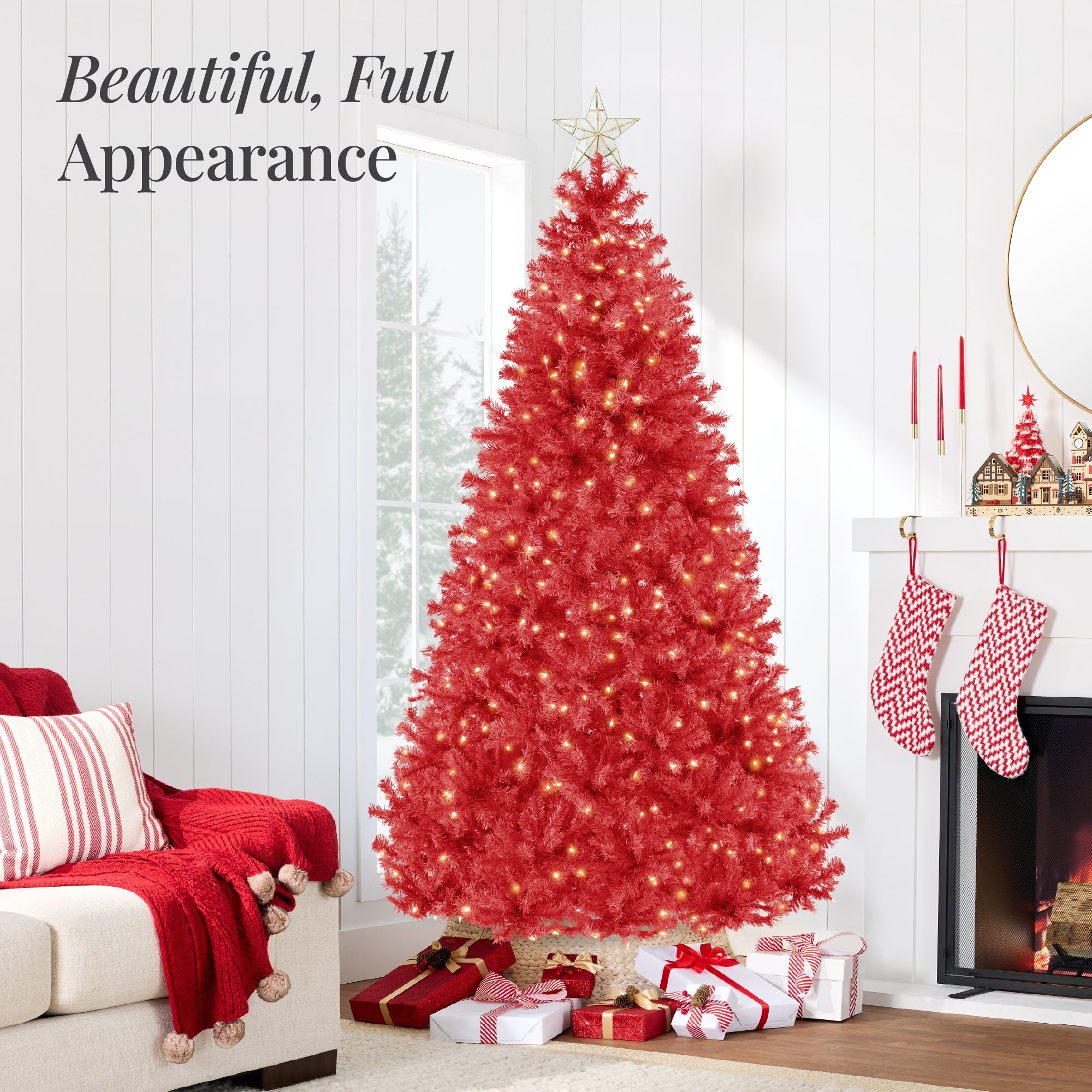 Pre-Lit Artificial Red Christmas Tree with Incandescent Lights for indoor and outdoor holiday displays