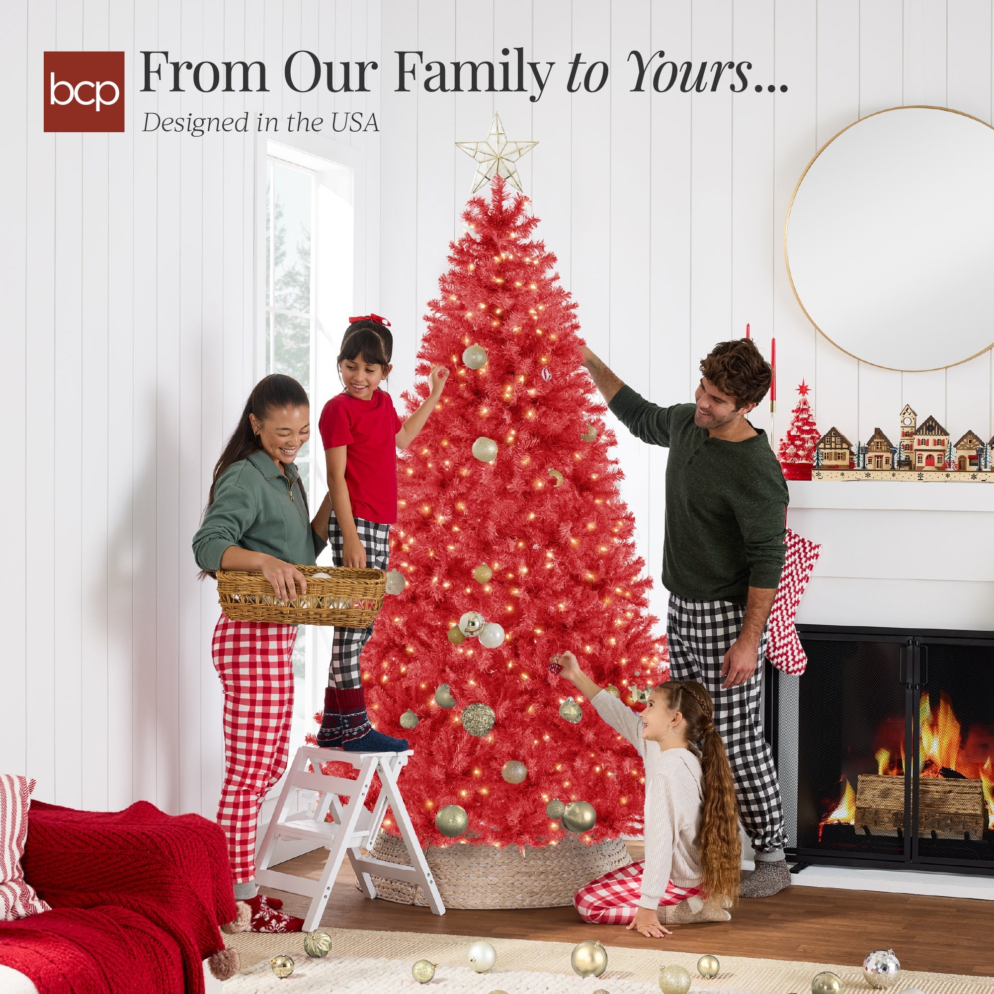 Pre-Lit Artificial Red Christmas Tree with Incandescent Lights for indoor and outdoor holiday displays