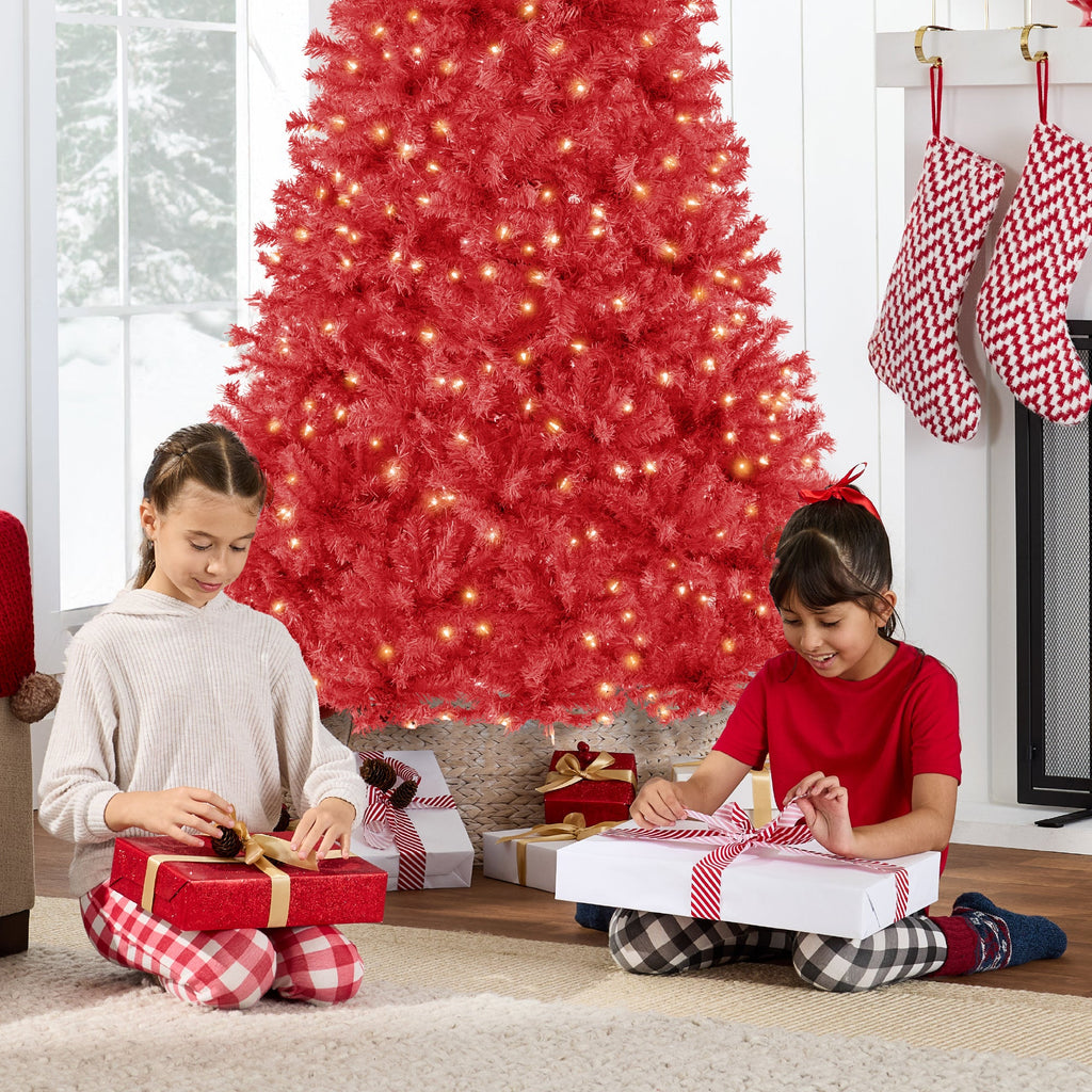 Pre-Lit Artificial Red Christmas Tree with Incandescent Lights for indoor and outdoor holiday displays