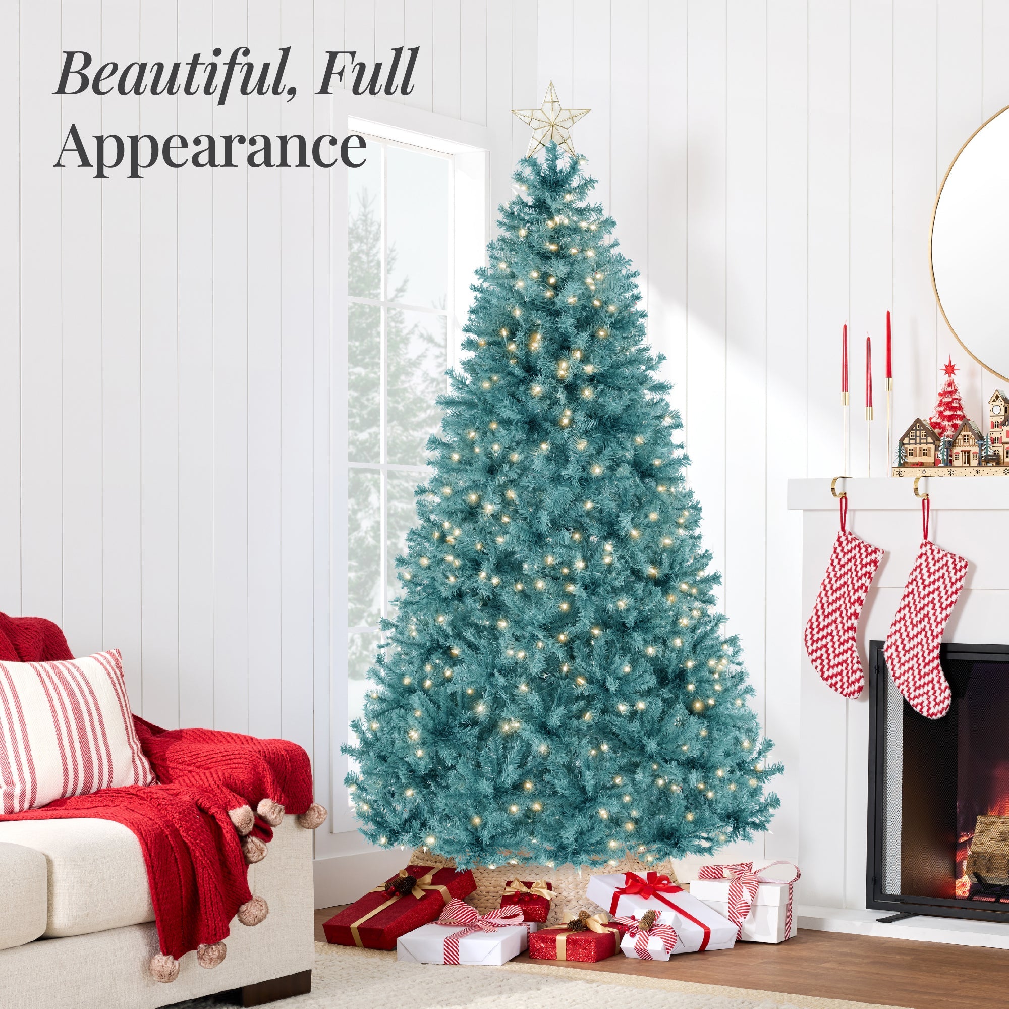Pre-Lit Artificial Peacock Blue Christmas Tree with Incandescent Lights for indoor and outdoor holiday displays