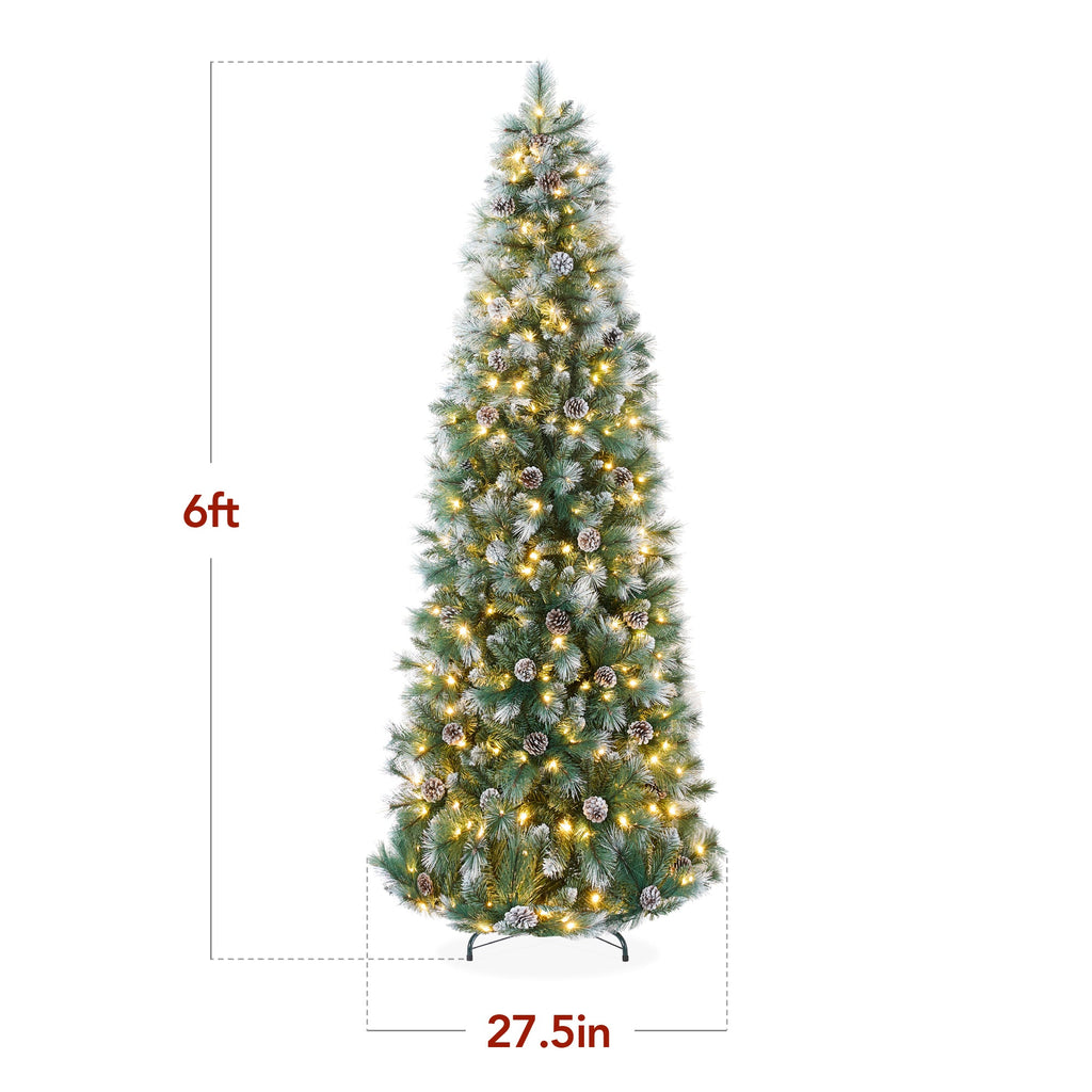 Pre-Lit Artificial Frosted Scotch Pine Pencil Christmas Tree with Metal Stand for festive seasonal decorating