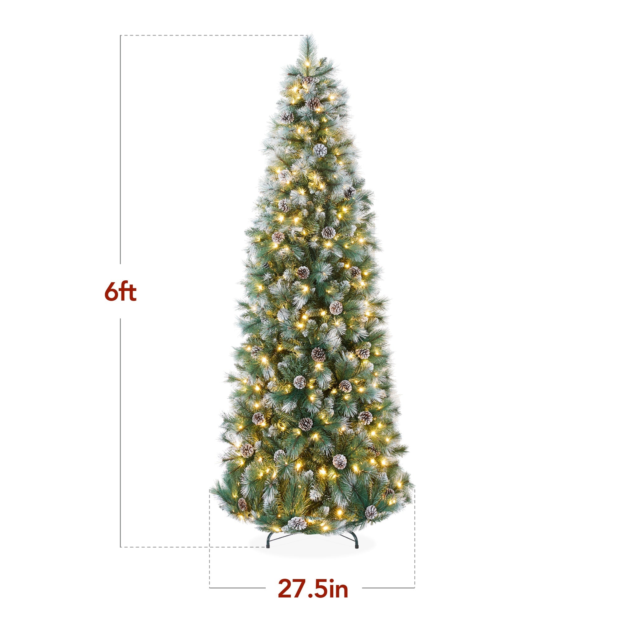 Pre-Lit Artificial Frosted Scotch Pine Pencil Christmas Tree with Metal Stand for festive seasonal decorating
