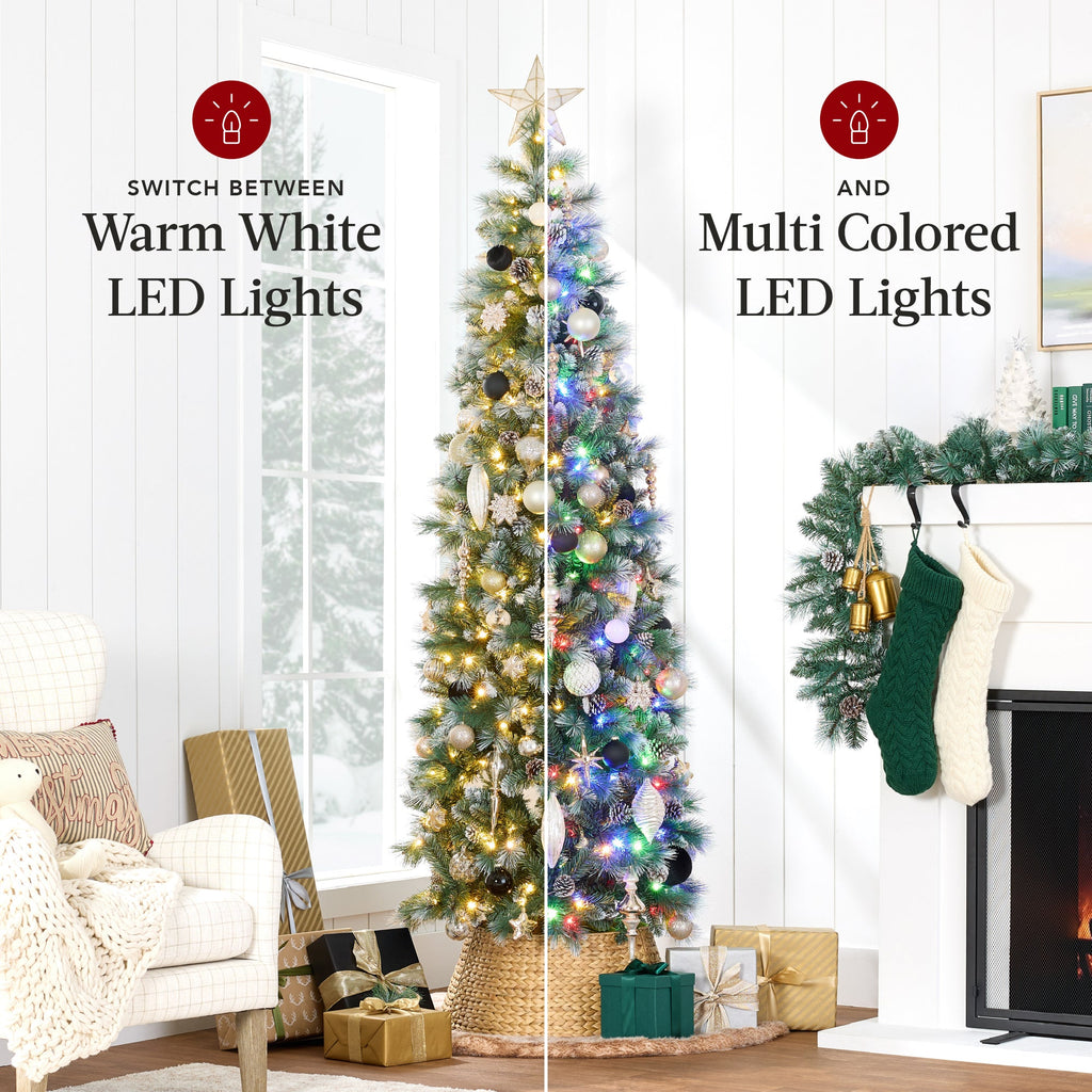 Pre-Lit Artificial Frosted Scotch Pine Pencil Christmas Tree with Metal Stand for festive seasonal decorating