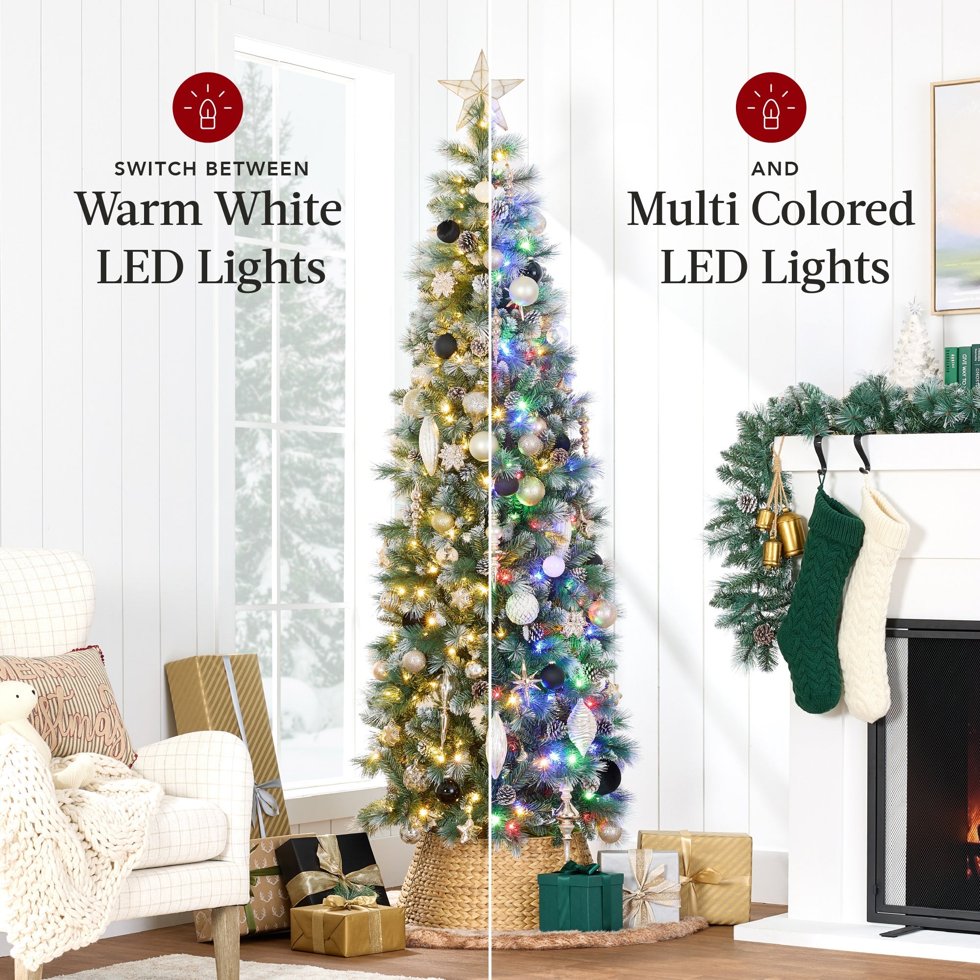 Pre-Lit Artificial Frosted Scotch Pine Pencil Christmas Tree with Metal Stand for festive seasonal decorating