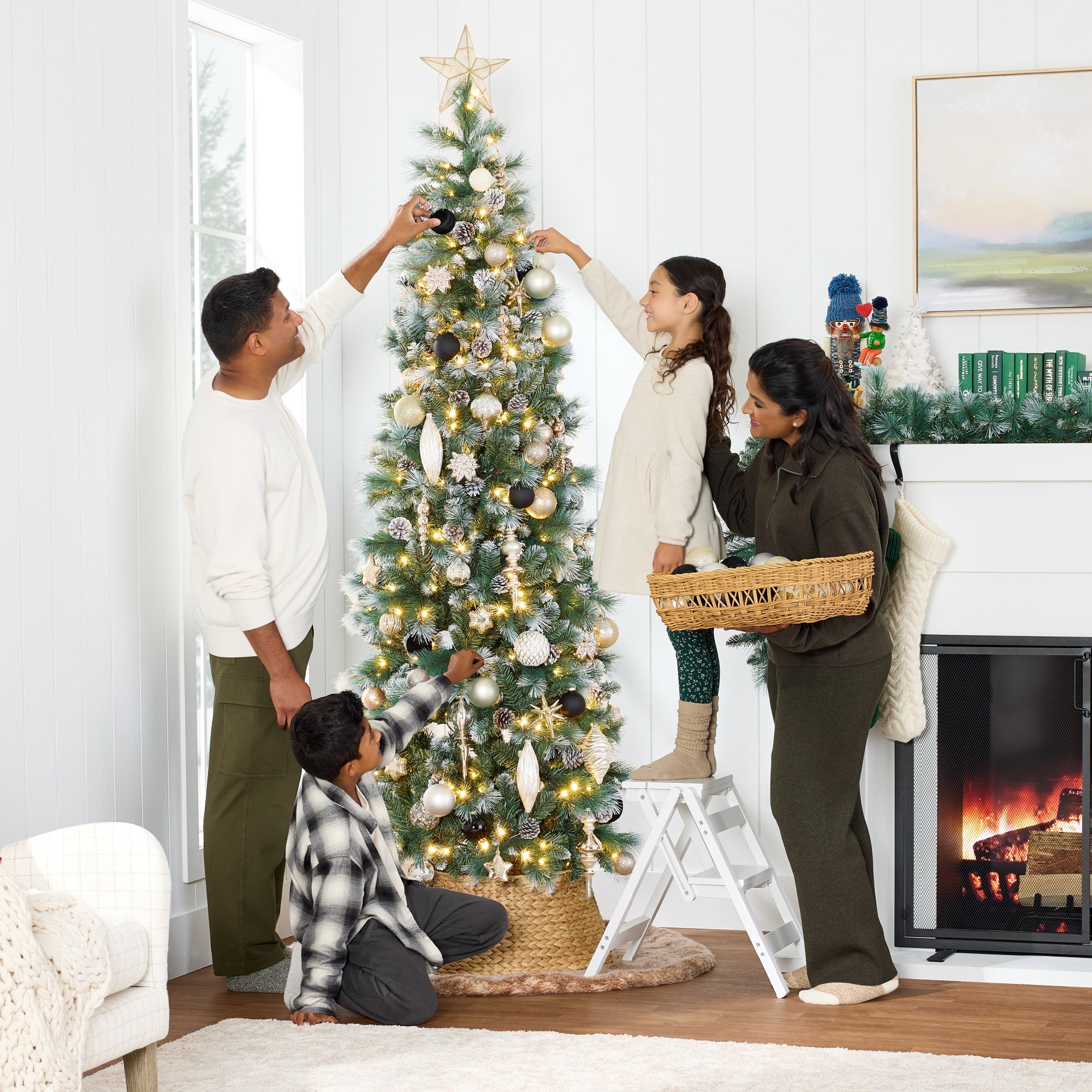Pre-Lit Artificial Frosted Scotch Pine Pencil Christmas Tree with Metal Stand for festive seasonal decorating