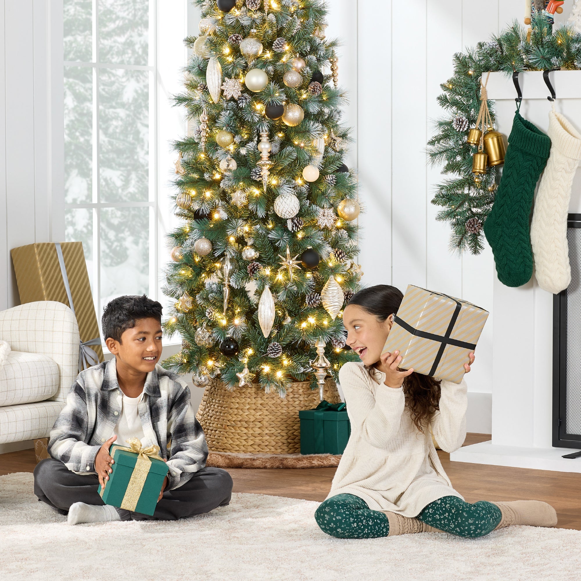Pre-Lit Artificial Frosted Scotch Pine Pencil Christmas Tree with Metal Stand for festive seasonal decorating