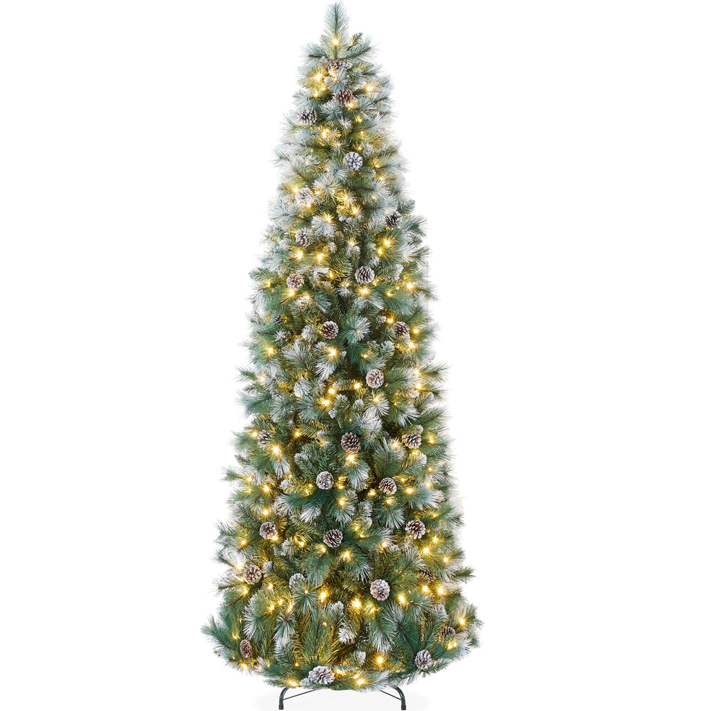 Pre-Lit Artificial Frosted Scotch Pine Pencil Christmas Tree with Metal Stand for festive seasonal decorating
