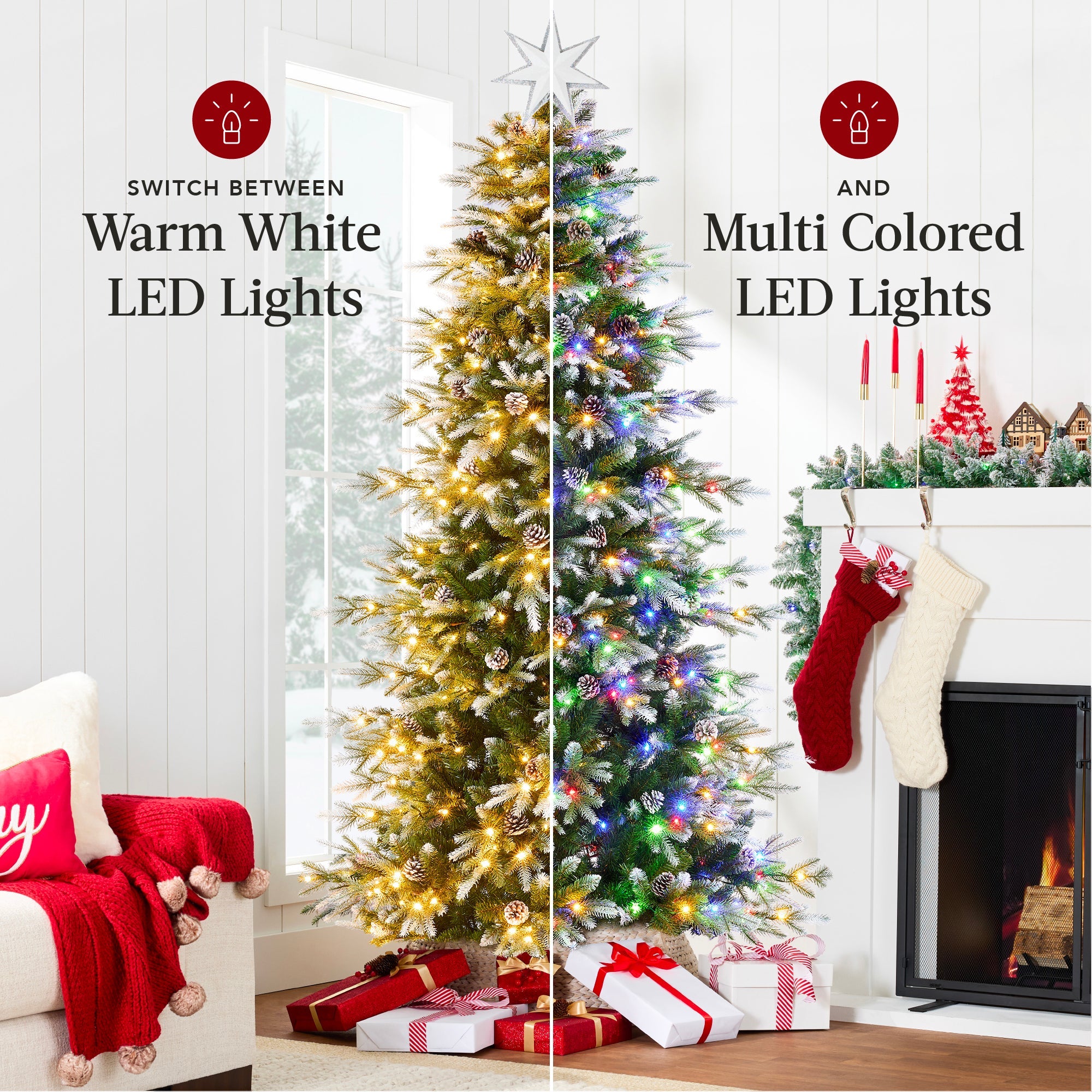 Pre-Lit Artificial Flocked Slim Aspen Noble Fir Christmas Tree with Stand for indoor and outdoor holiday displays